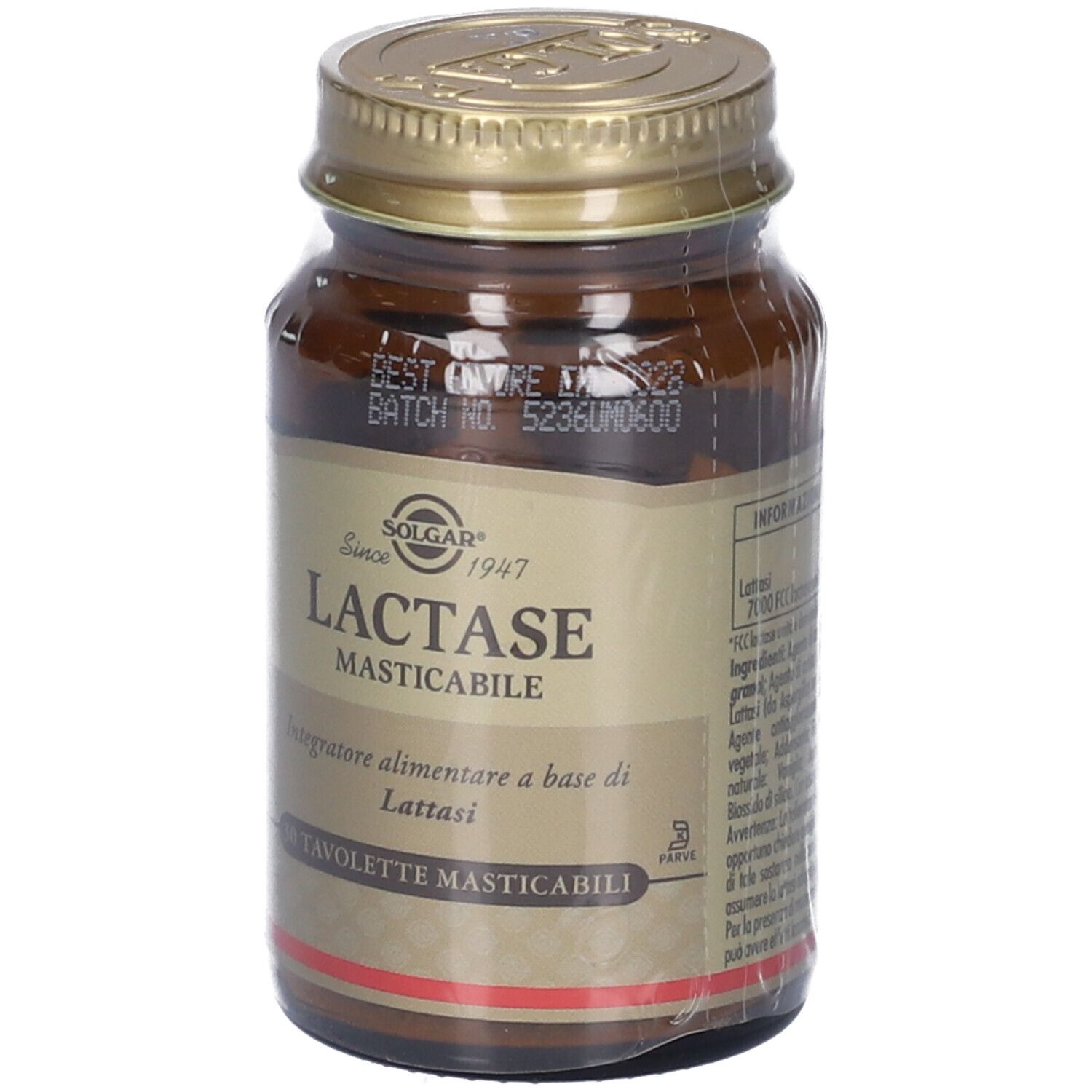 Flacone di vetro marrone con tappo dorato. Scritta: LACTASE MASTICABILE, 30 compresse. Marchio: Solgar. Confezionato.