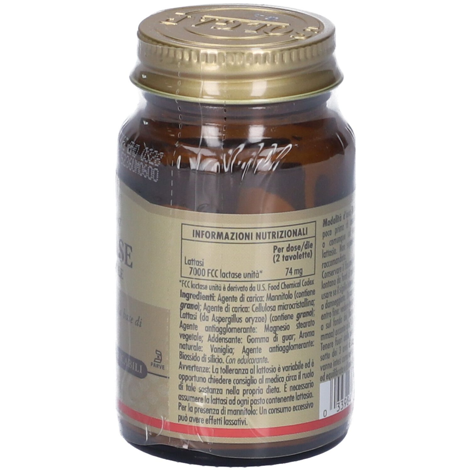 Retro del flacone. Testo: Informazioni nutrizionali, ingredienti e avvertenze. Marchio: Solgar.