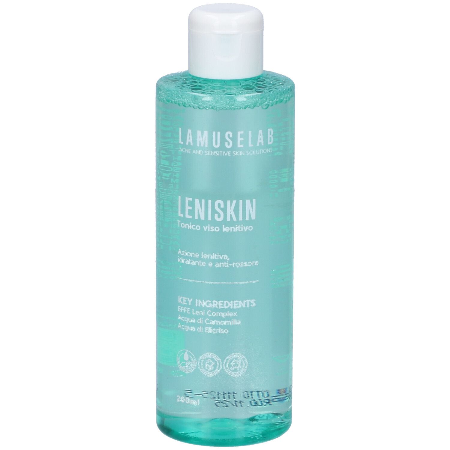 Prodotto per la cura della pelle in flacone trasparente con tappo bianco. Scritta: LAMUSELAB LENISKIN. Contiene acqua di camomilla.