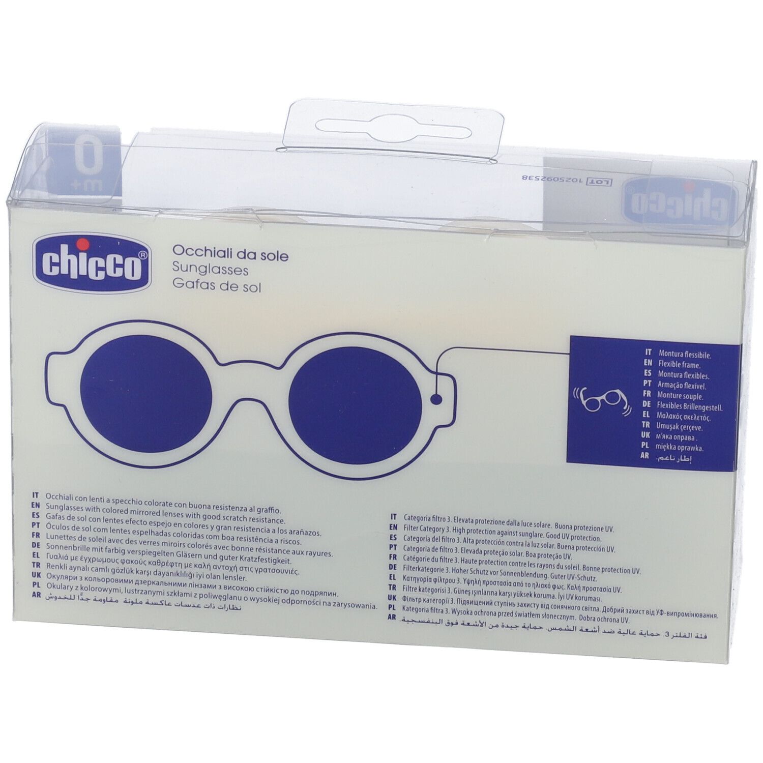 Confezione occhiali da sole Chicco per 0m+ neonati, con illustrazione e testi.