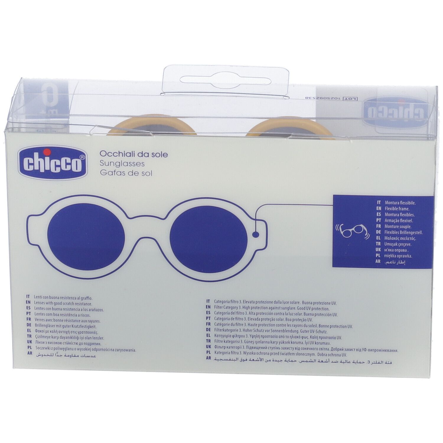 Occhiali da sole Chicco per neonati, gialli, con astuccio. Retro con informazioni prodotto.