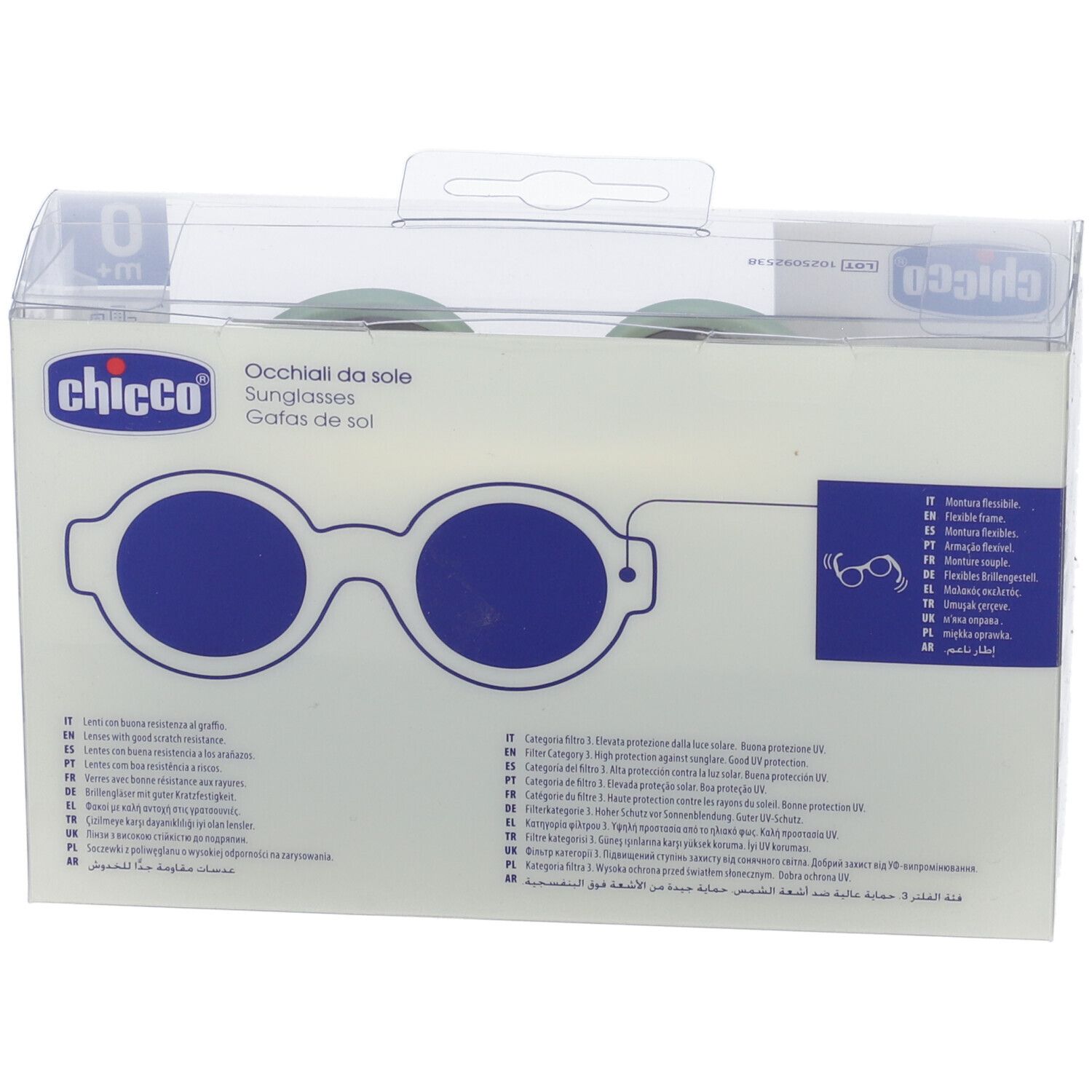 Confezione con occhiali da sole neonato Chicco, verde menta. Lenti ad alta protezione raggi UV.