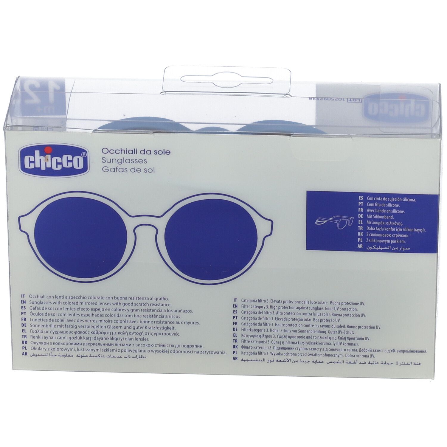 Confezione degli occhiali da sole blu Chicco per bambini da 12 mesi. Mostra il prodotto e le sue caratteristiche.