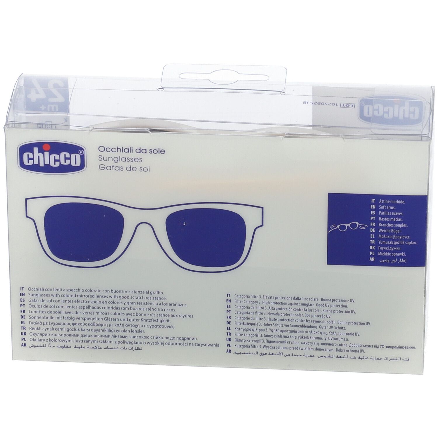 Confezione occhiali da sole Chicco con lenti blu e montatura bianca.
