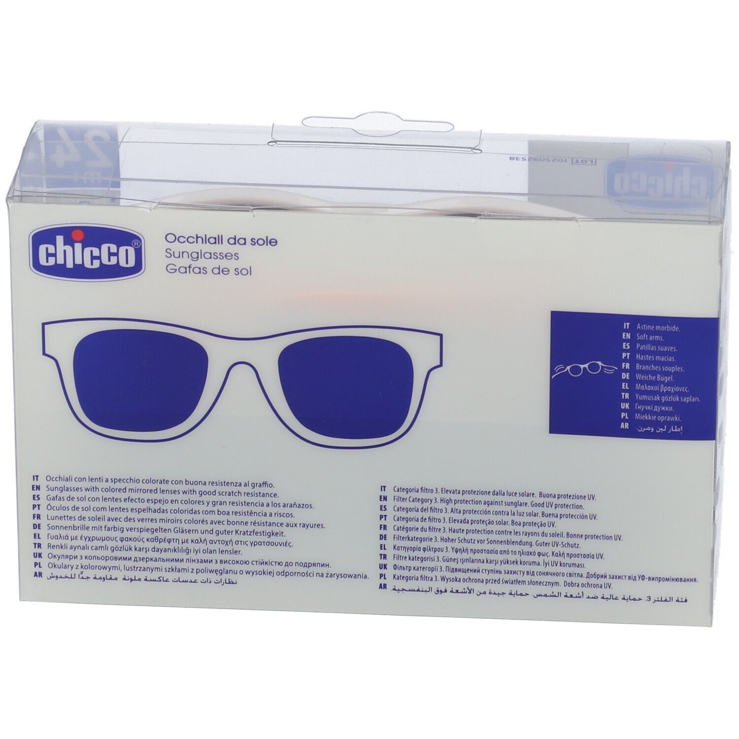 Confezione occhiali da sole Chicco con lenti blu e montatura bianca.