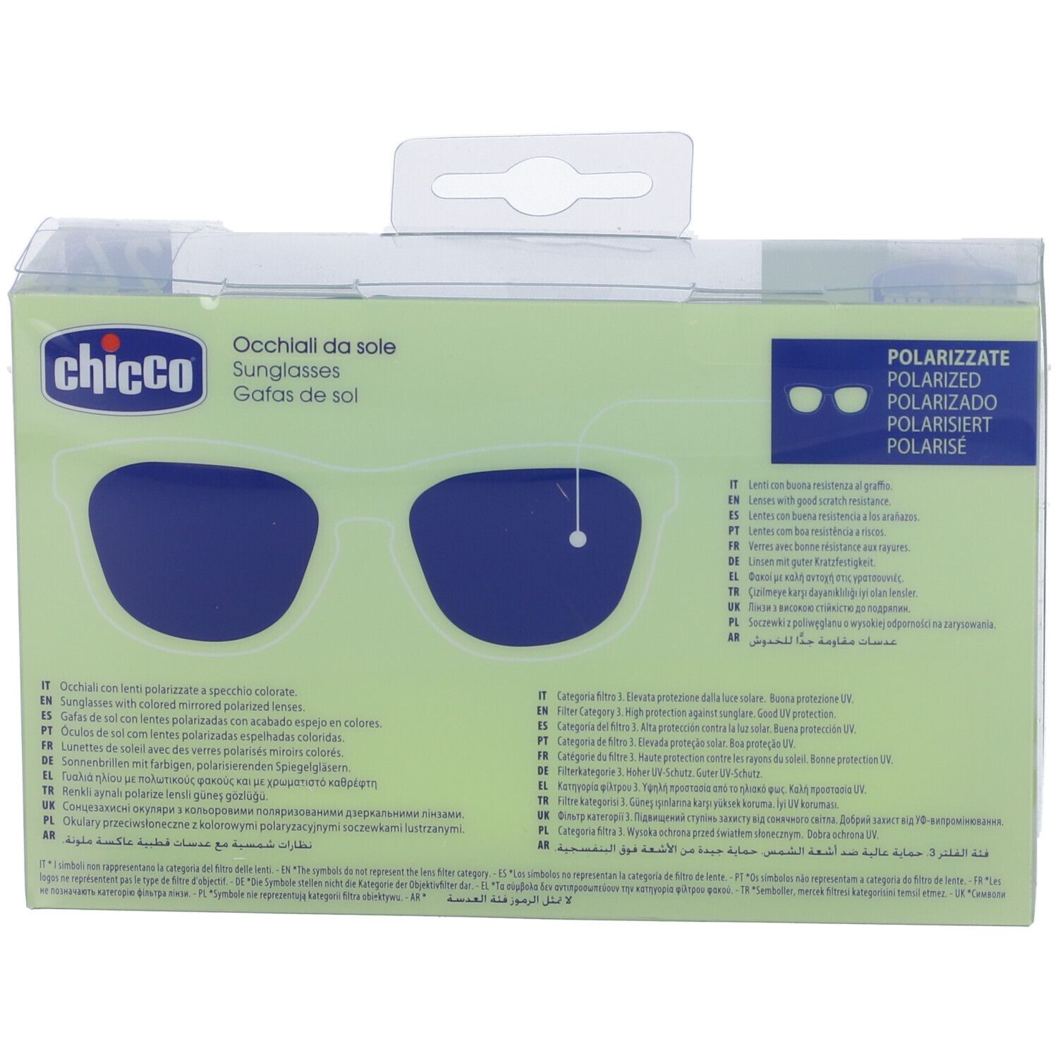 Retro della confezione degli occhiali da sole Chicco, polarizzati, con informazioni multilingue.