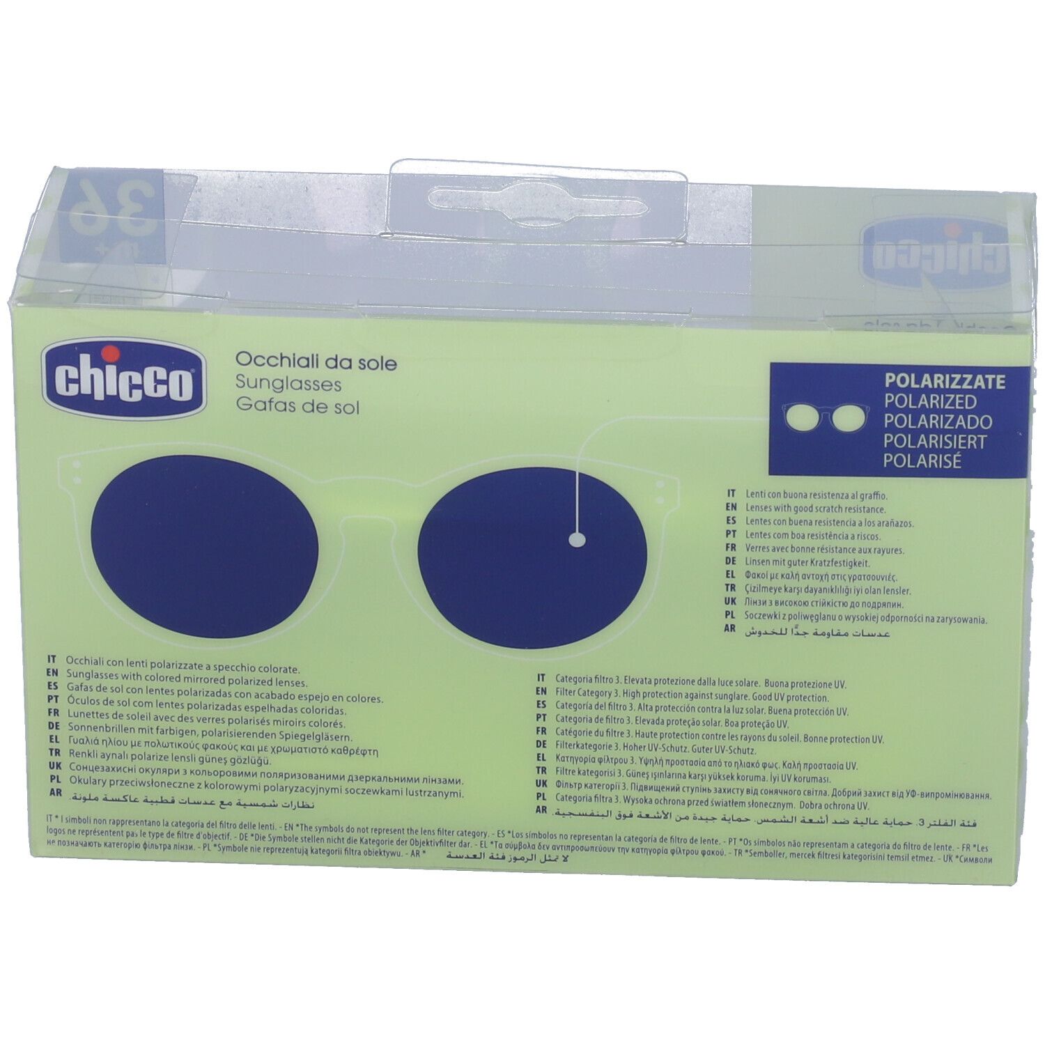 Confezione occhiali da sole Chicco con lenti blu e informazioni prodotto multilingue.