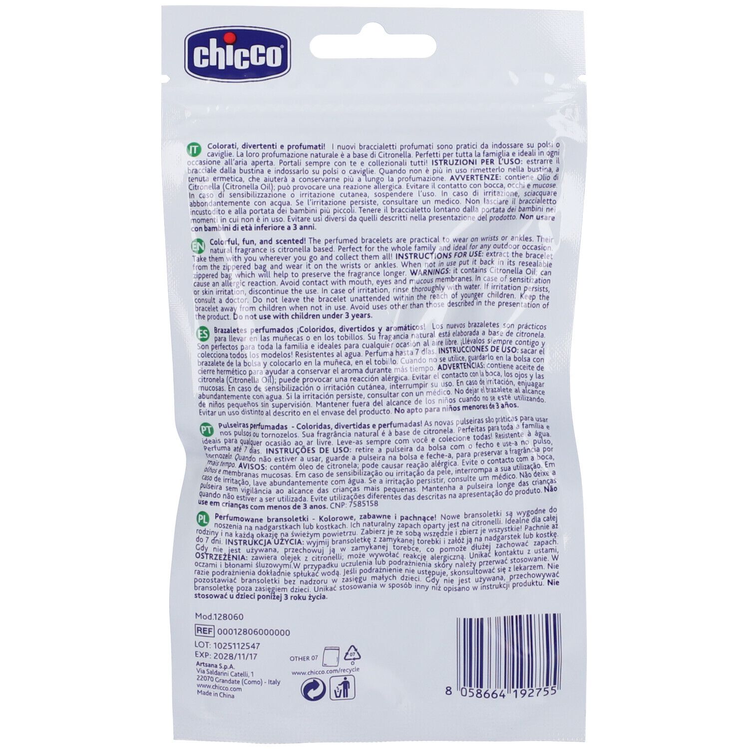 Confezione di braccialetti profumati Chicco con informazioni prodotto multilingue.