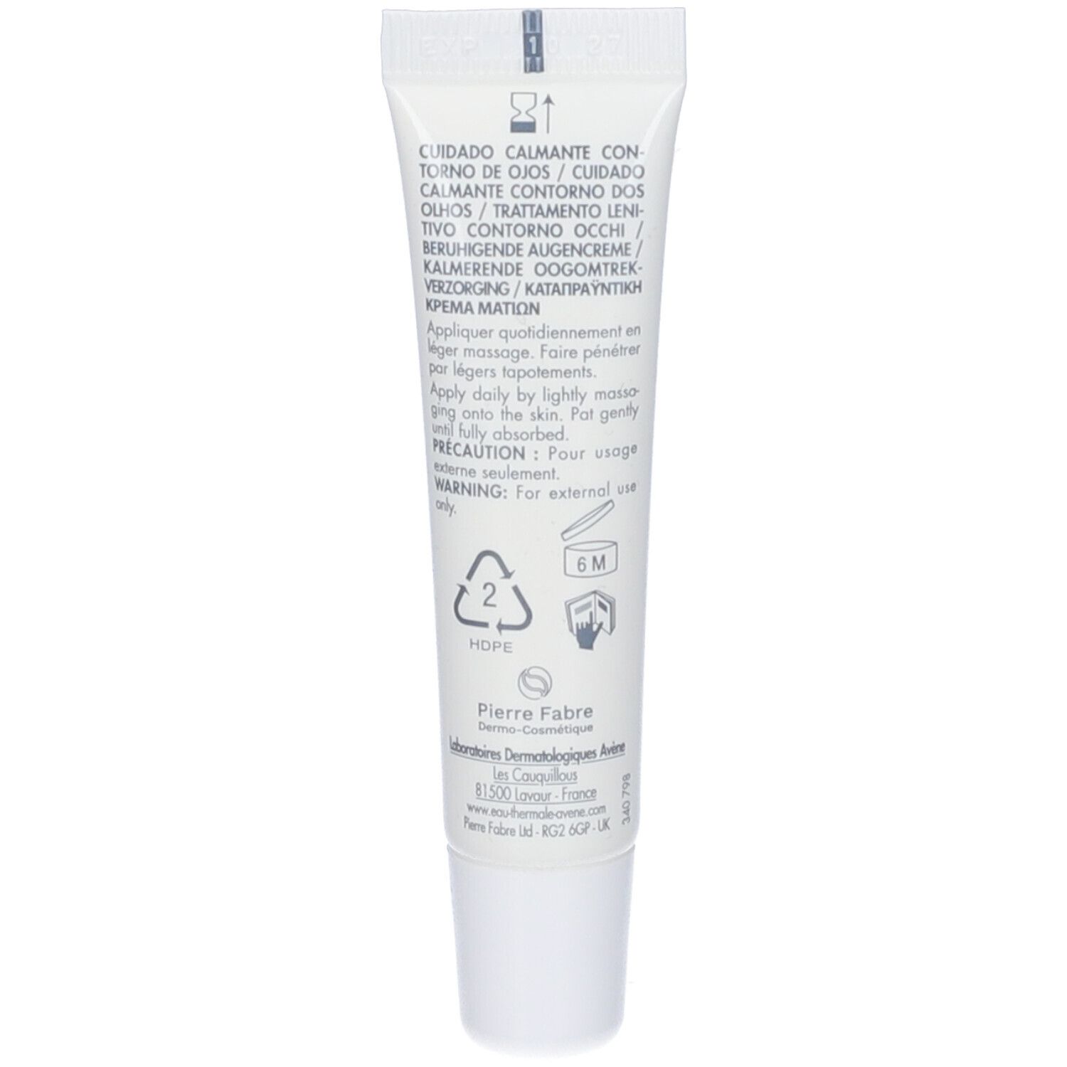 Retro del tubo. Testo multilingue. Simboli di riciclo e durata.