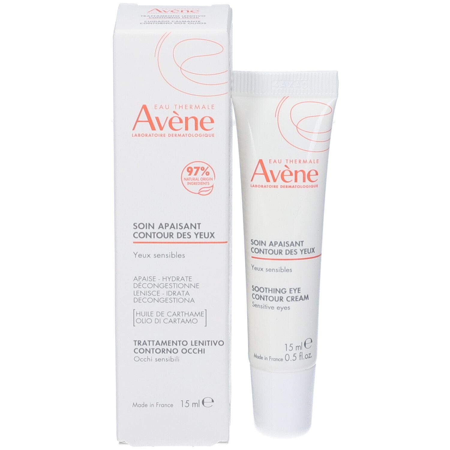 Confezione e tubo del prodotto. Scritta: Eau Thermale Avène, Soin Apaisant Contour des Yeux, 15 ml.