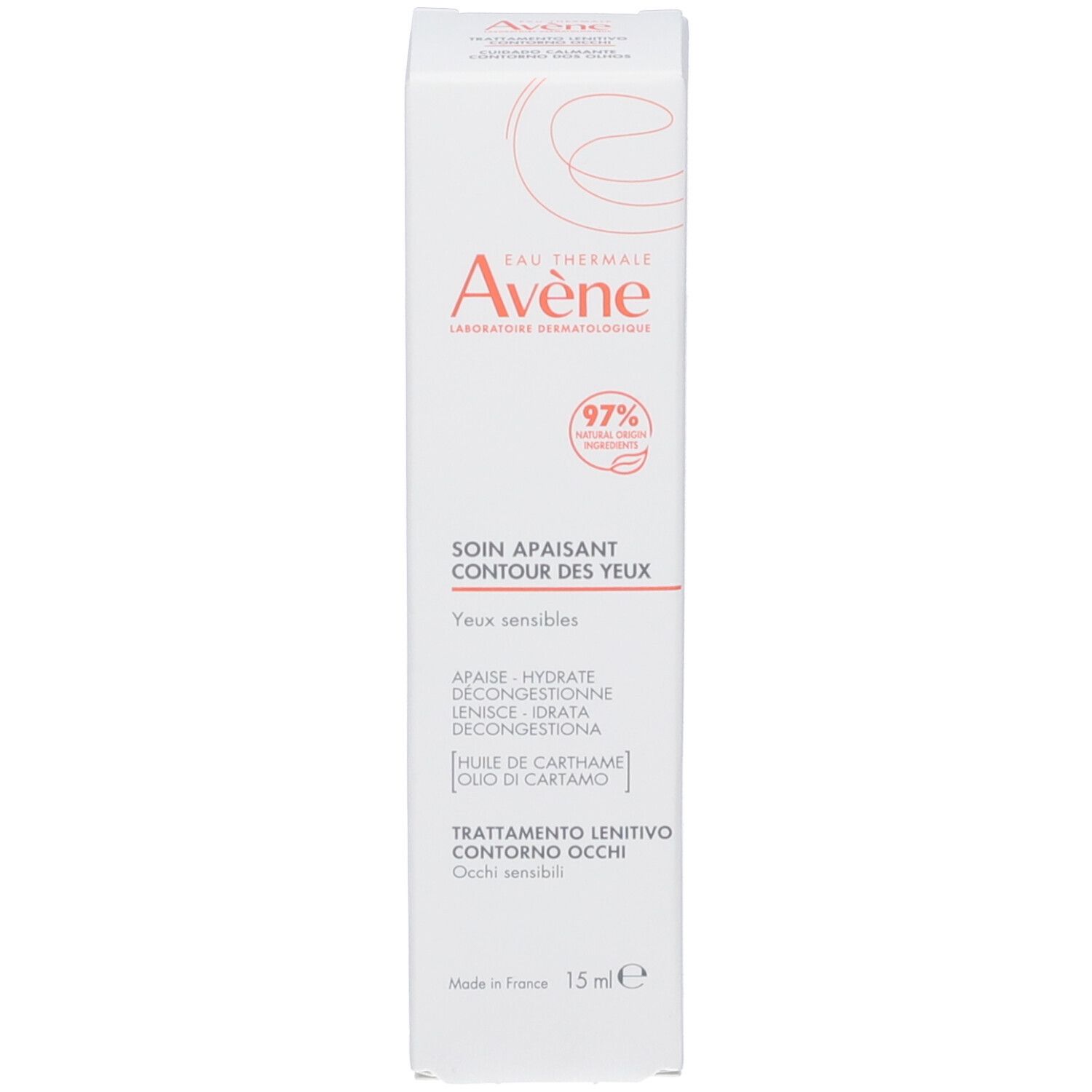 Confezione del prodotto. Scritta: Eau Thermale Avène, Soin Apaisant Contour des Yeux, 15 ml.