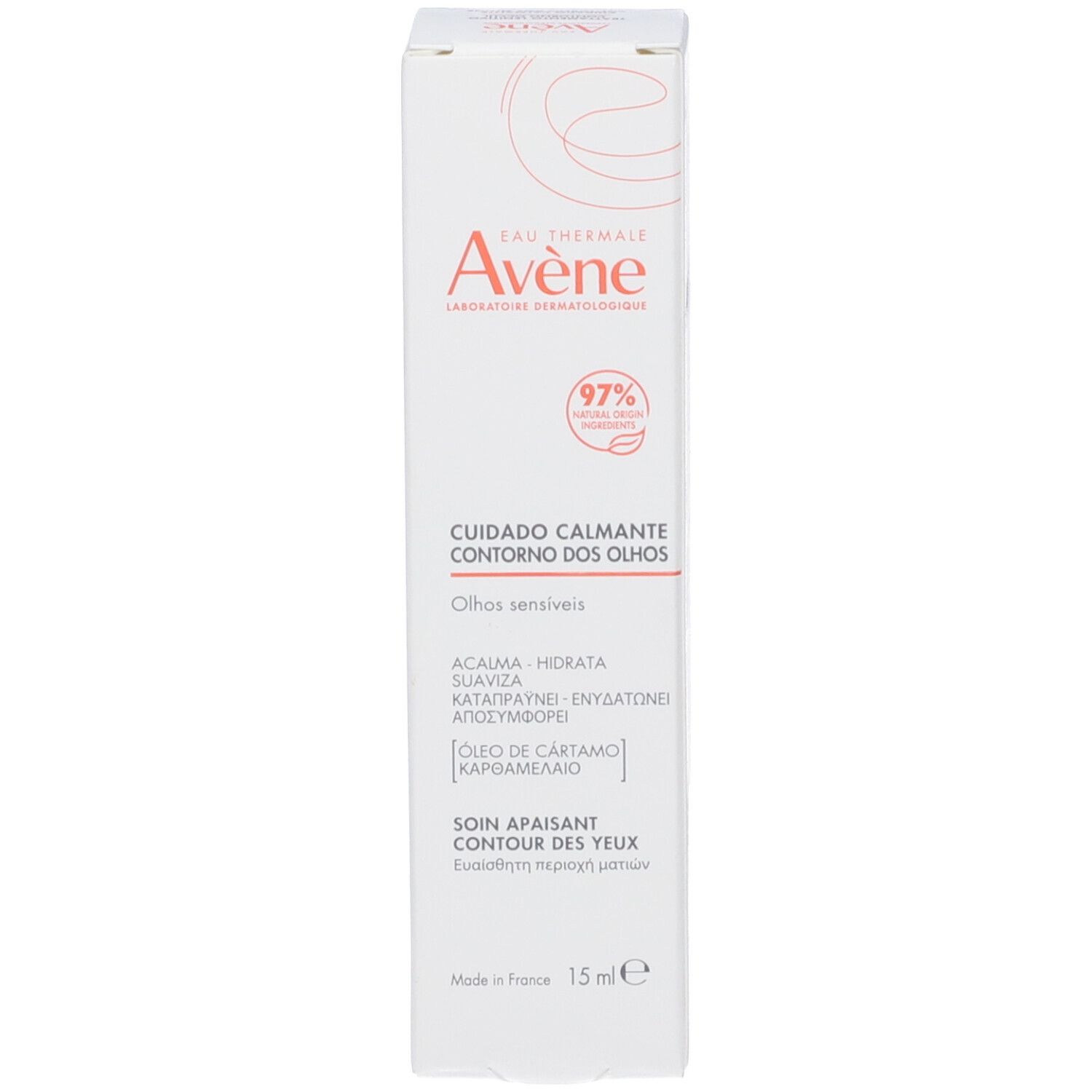 Confezione del prodotto. Scritta: Eau Thermale Avène, Cuidado Calmante Contorno dos Olhos, 15 ml.