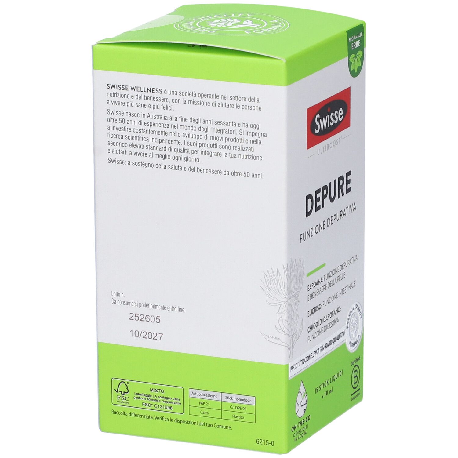 Retro della scatola verde. Testo su Swisse Wellness. Certificazioni FSC e B-Corp. Scadenza: 10/2027.