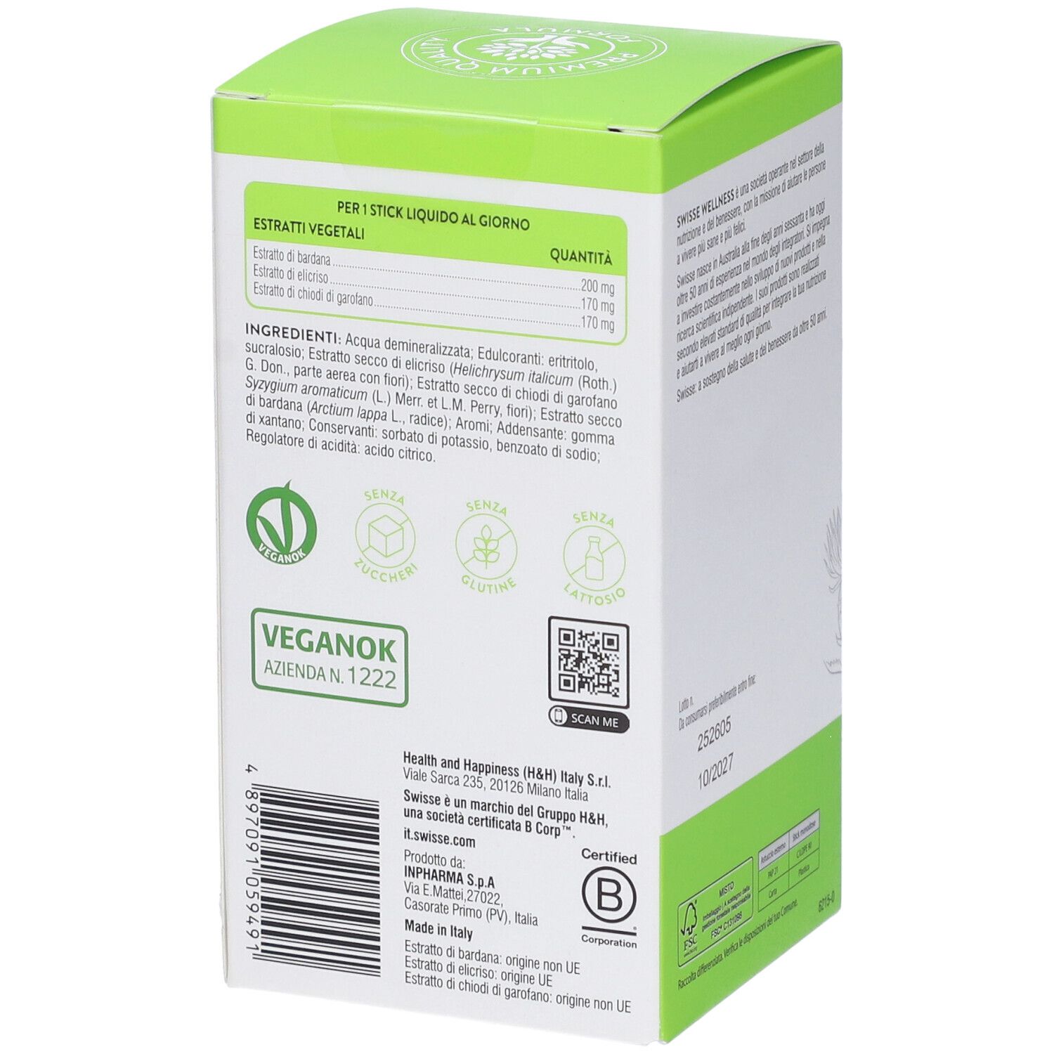 Retro della scatola verde. Elenco ingredienti e informazioni nutrizionali. Certificazione Veganok. Codice QR e codice a barre.