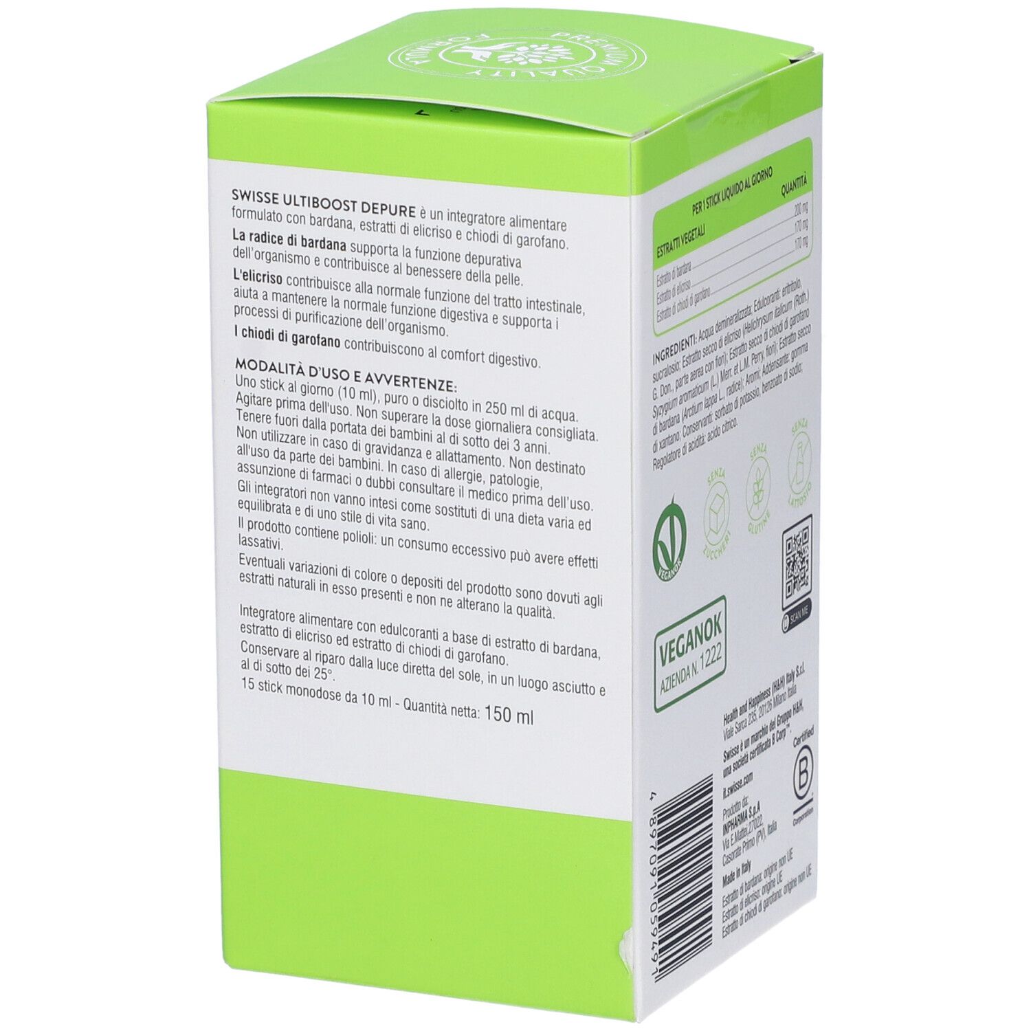 Lato della scatola verde. Informazioni su Swisse Ultiboost Depure. Certificazione Veganok. Ingredienti e uso.
