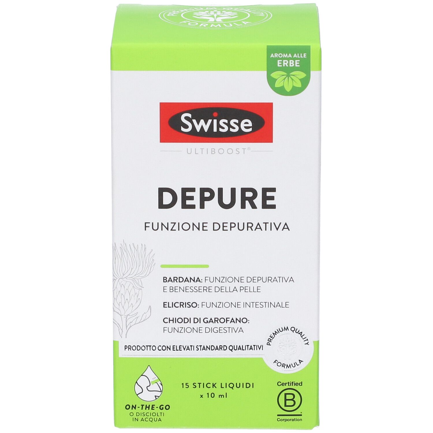 Scatola verde. Swisse Depure, 15 stick. Contiene erbe. Certificazione B-Corp. Scritto: 'Funzione Depurativa'.