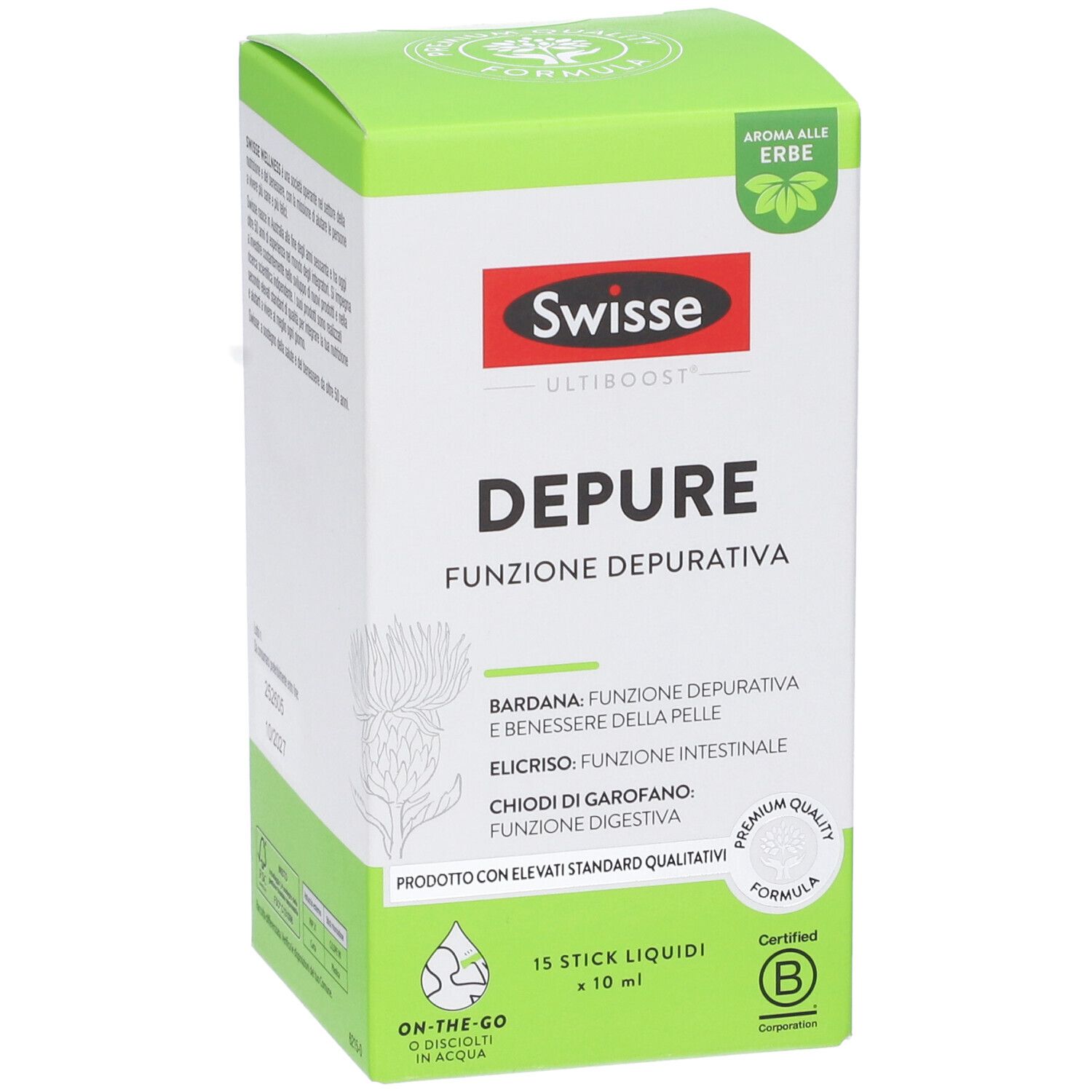 Scatola verde. Swisse Depure, 15 stick. Contiene erbe. Certificazione B-Corp. Scritto: 'Funzione Depurativa'.