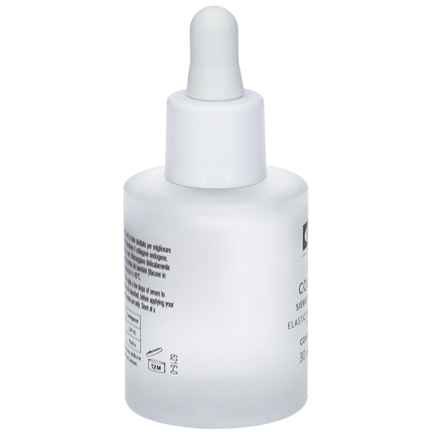 Flacone bianco con pipetta. Retro con testo. Scritta: Pro Collagen Siero Viso & Occhi. 30 ml. Simbolo 12M.