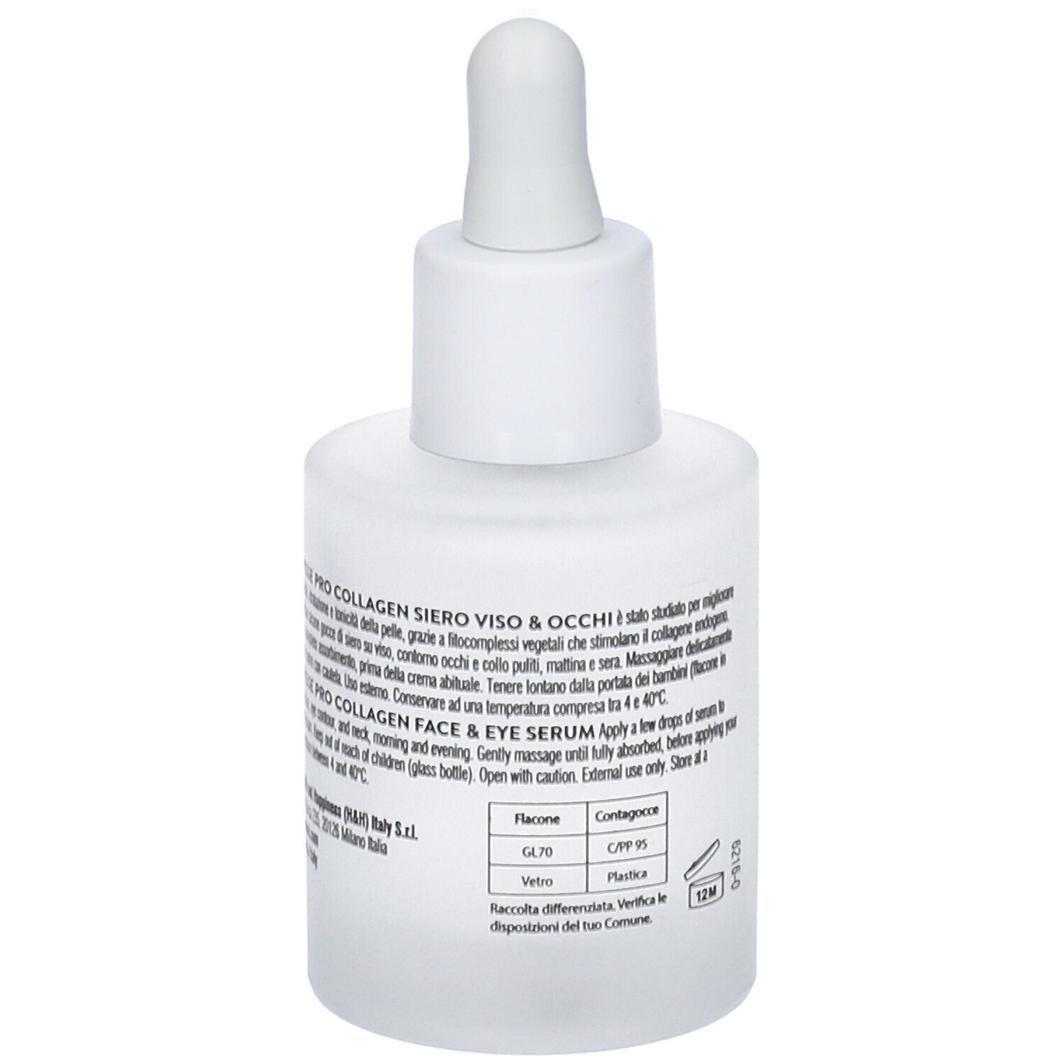Flacone bianco con pipetta. Retro con testo. Scritta: Pro Collagen Siero Viso & Occhi. 30 ml. Simbolo 12M.
