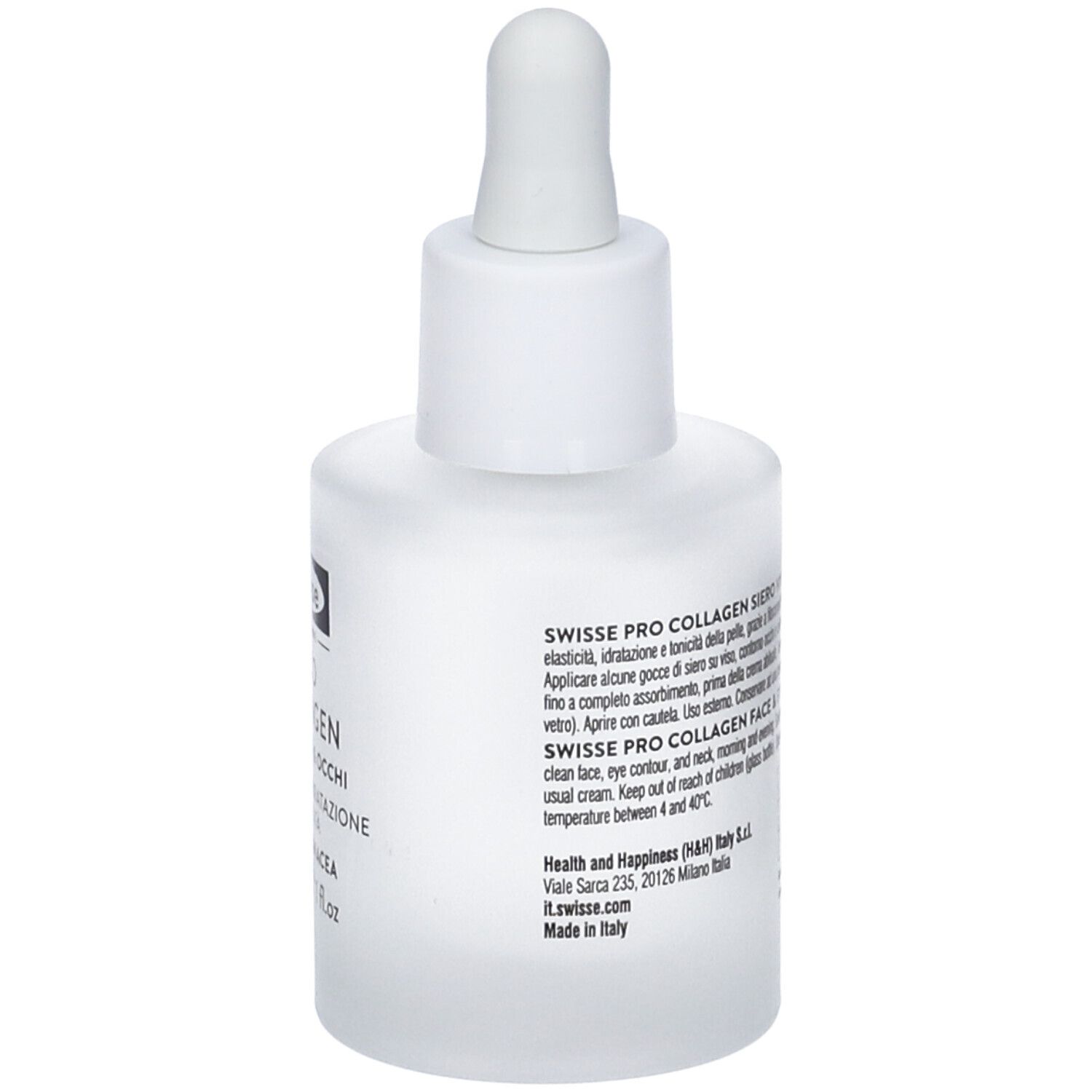 Flacone bianco con pipetta. Scritta: Swisse Pro Collagen Siero Viso & Occhi. 30 ml. Testo in italiano.
