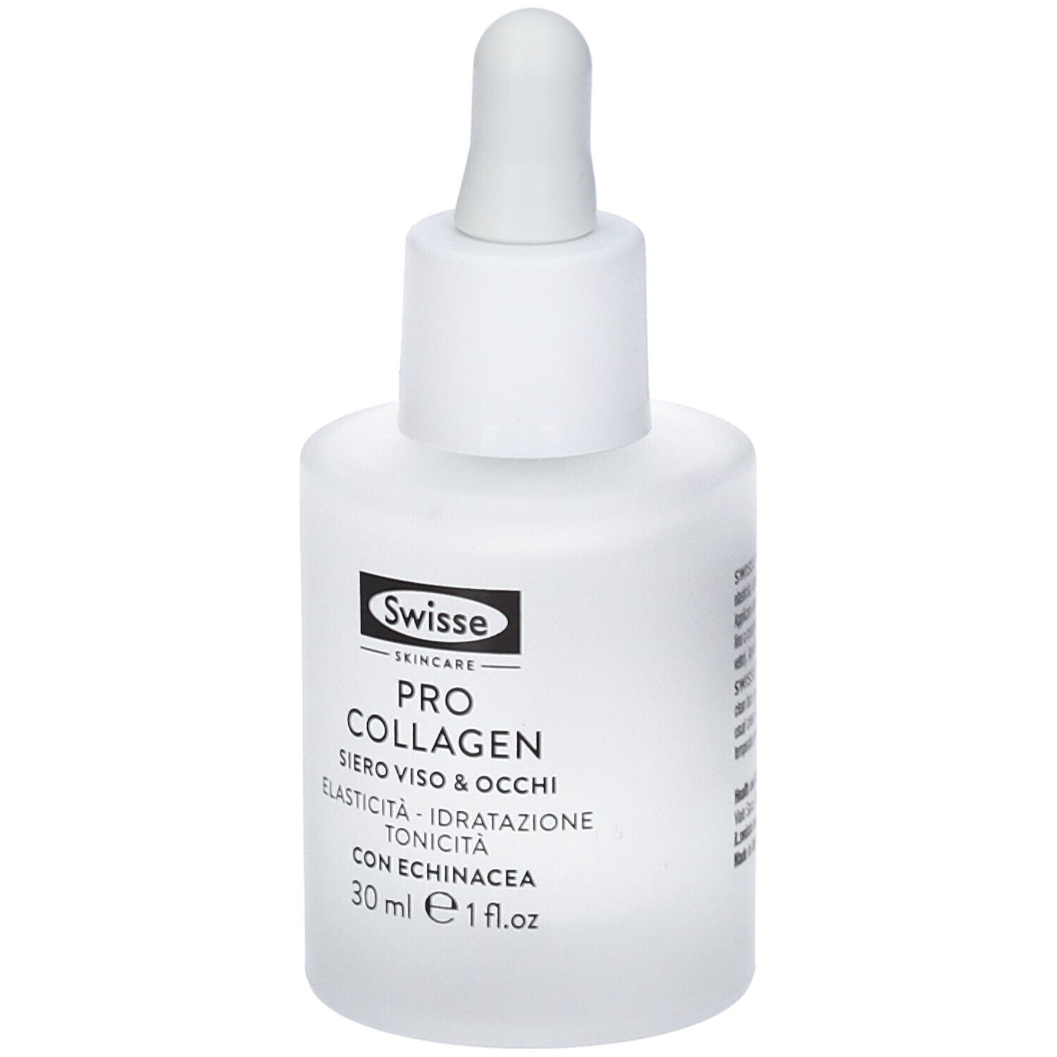 Flacone bianco con pipetta. Scritta: Swisse Skincare, Pro Collagen Siero Viso & Occhi, con Echinacea. 30 ml.