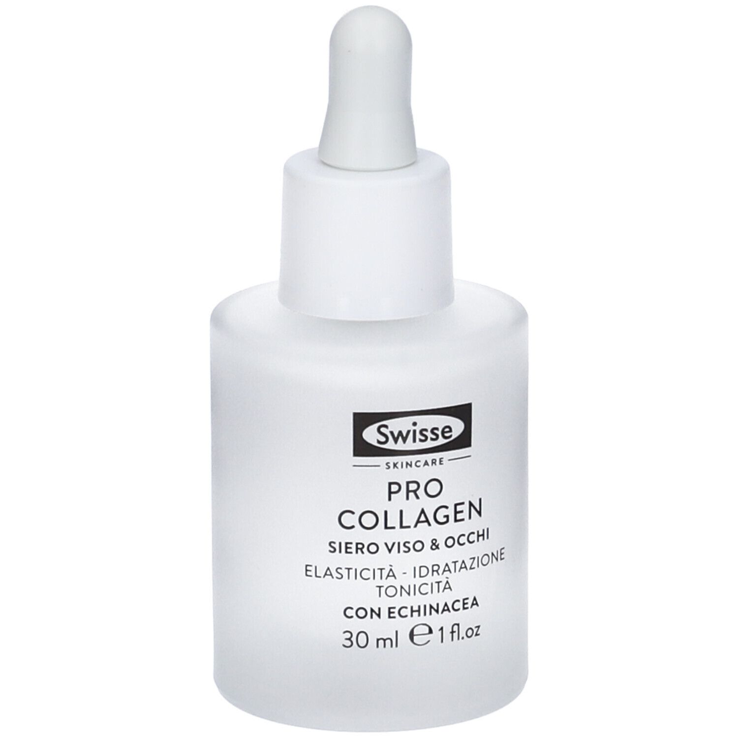 Flacone bianco con pipetta. Scritta: Swisse Skincare, Pro Collagen Siero Viso & Occhi, con Echinacea. 30 ml.