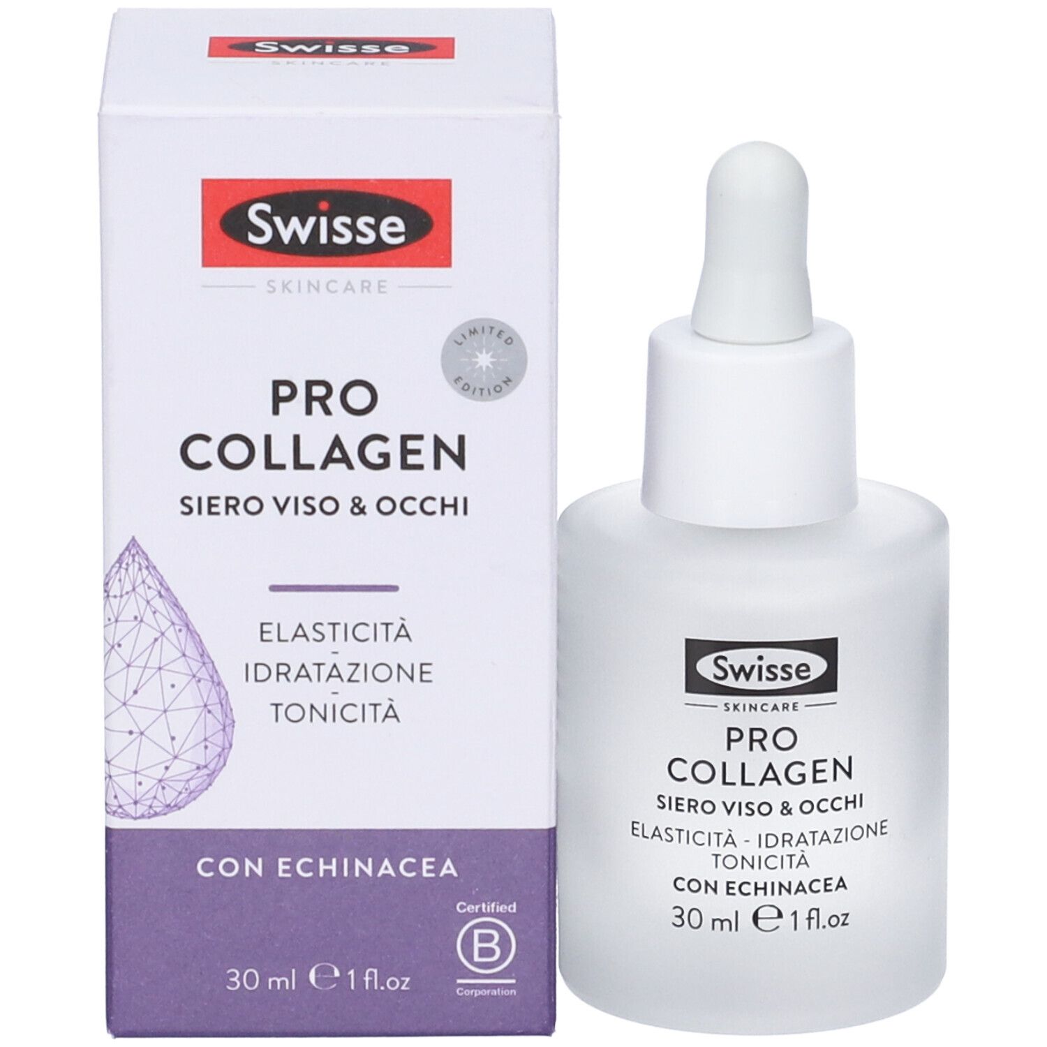 Confezione e flacone. Scritta: Swisse Skincare, Pro Collagen Siero Viso & Occhi, con Echinacea. 30 ml. Edizione limitata.