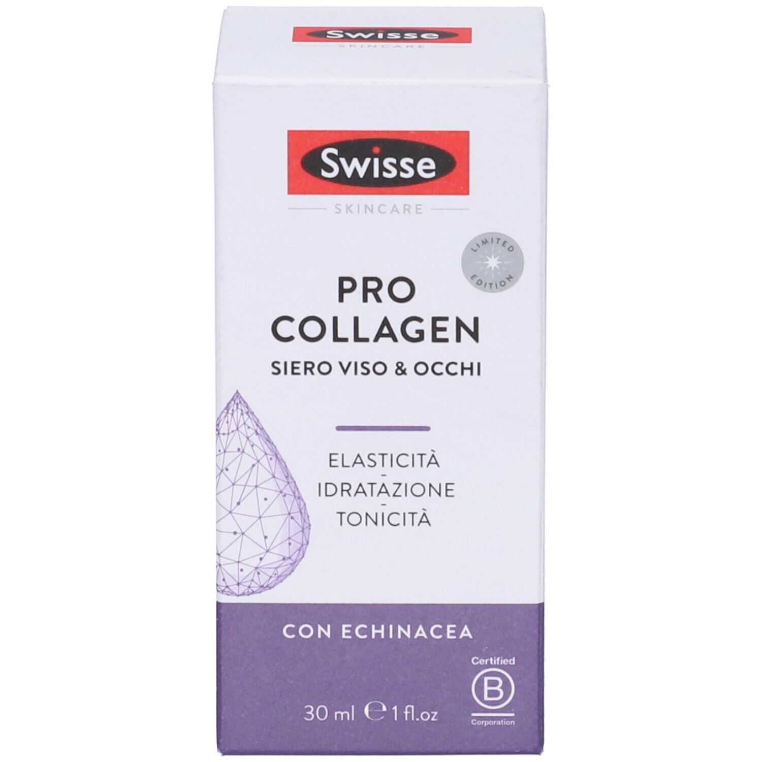 Confezione del prodotto. Scritta: Swisse Skincare, Pro Collagen Siero Viso & Occhi, con Echinacea. 30 ml. Edizione limitata.