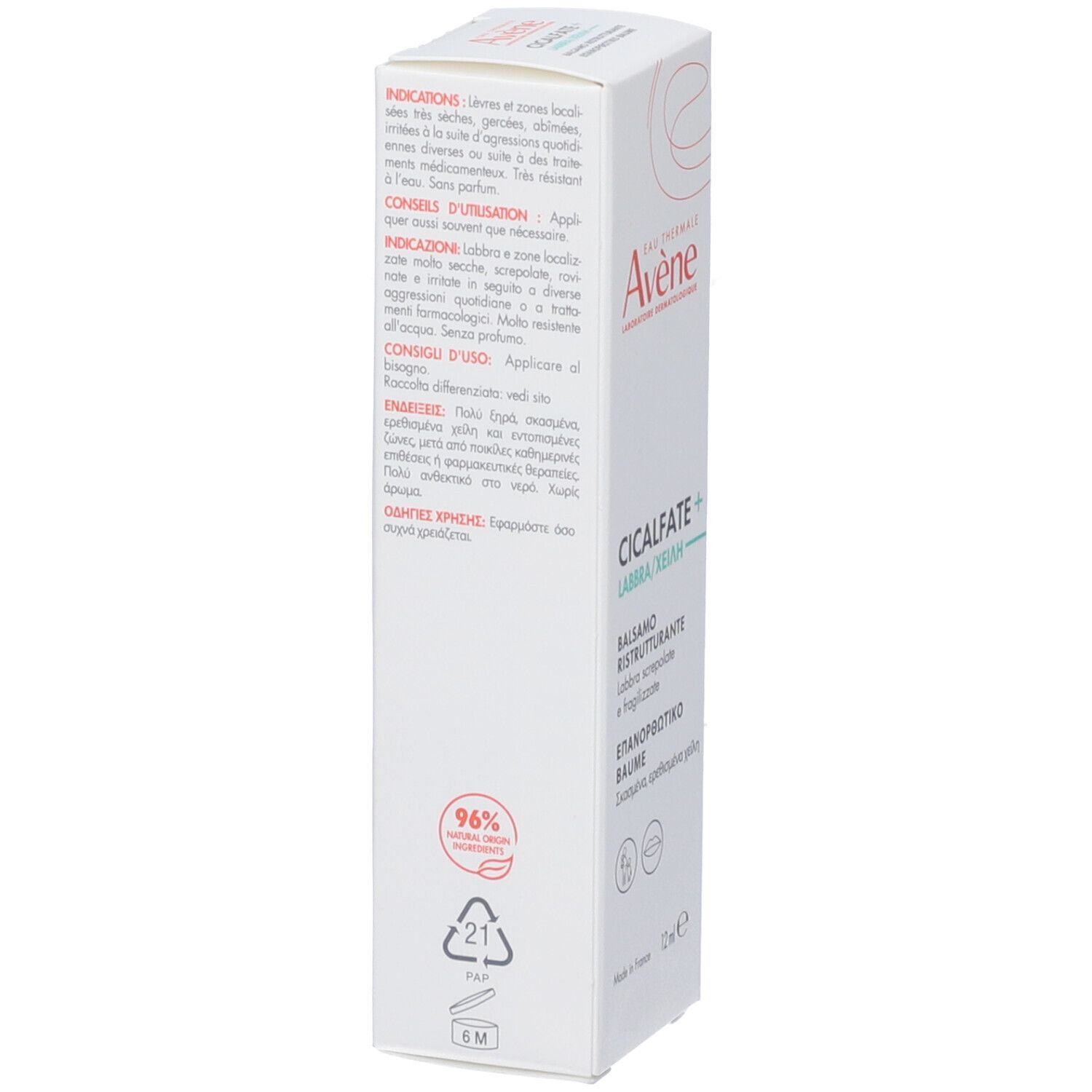 Confezione bianca con testo multilingue. 96% riciclato. Avene Cicalfate+ Balsamo labbra.
