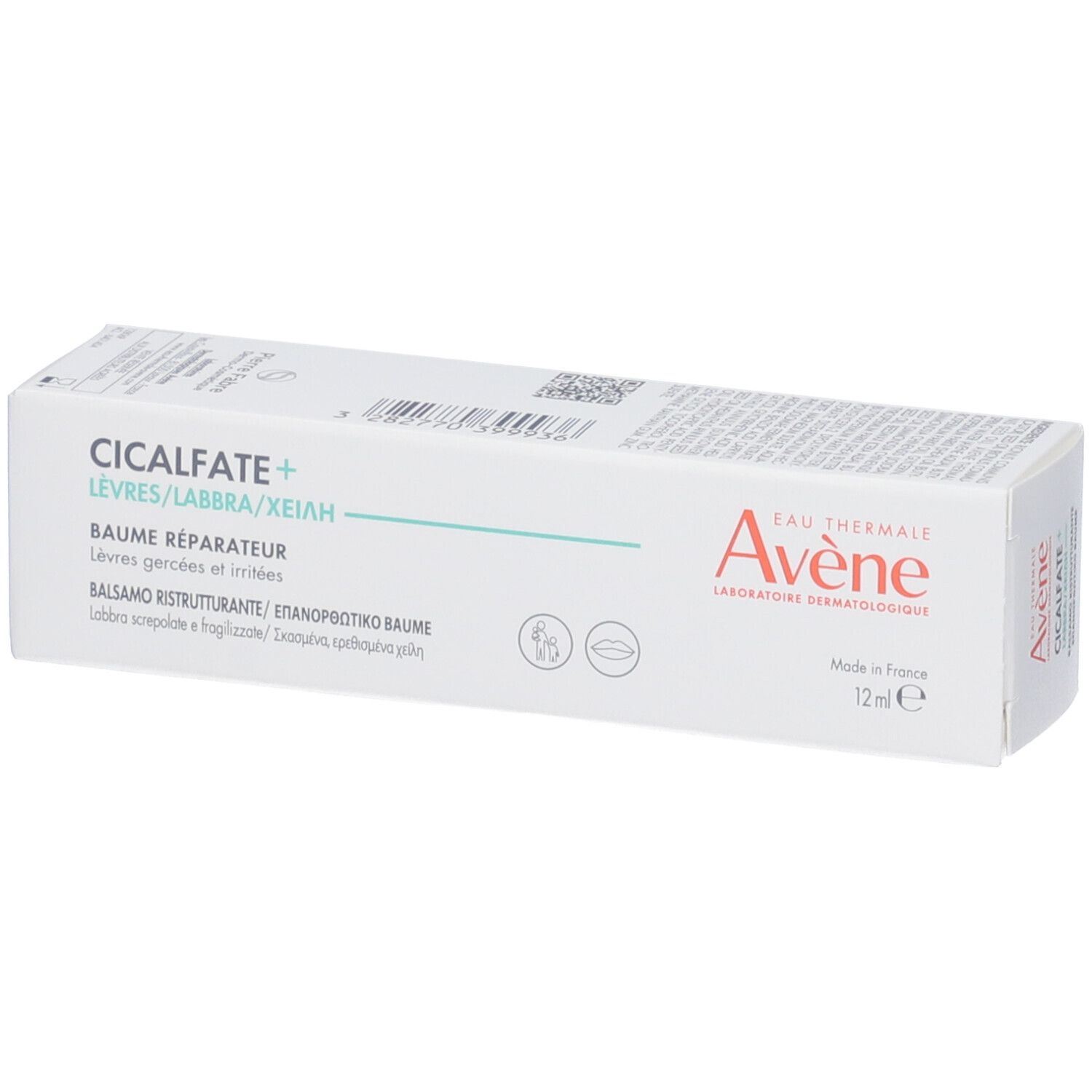 Confezione bianca. Nome del prodotto e marchio in più lingue. 12ml. Avene Cicalfate+ Balsamo labbra.