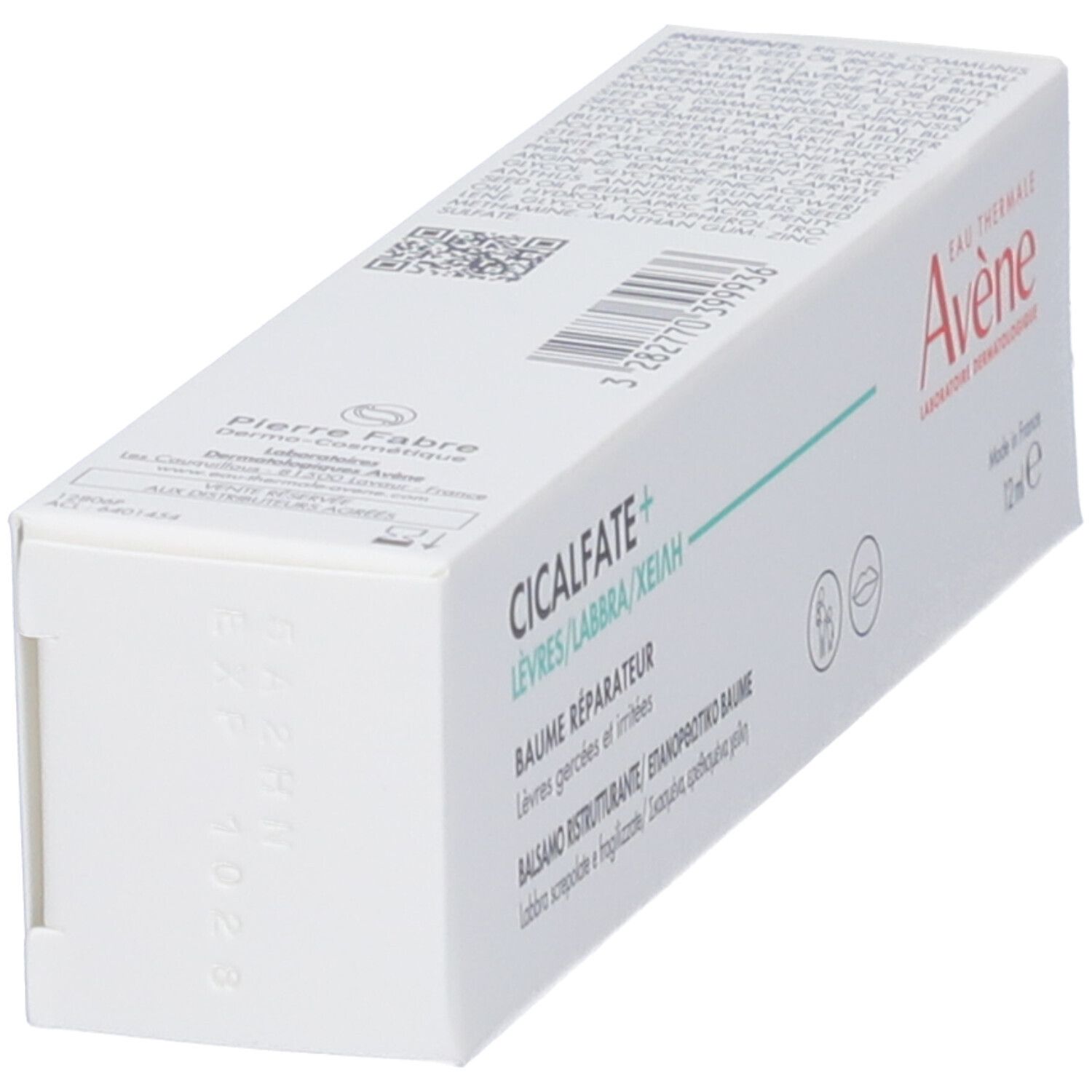 Confezione bianca. Nome del prodotto e marchio in più lingue. Avene Cicalfate+ Balsamo labbra.