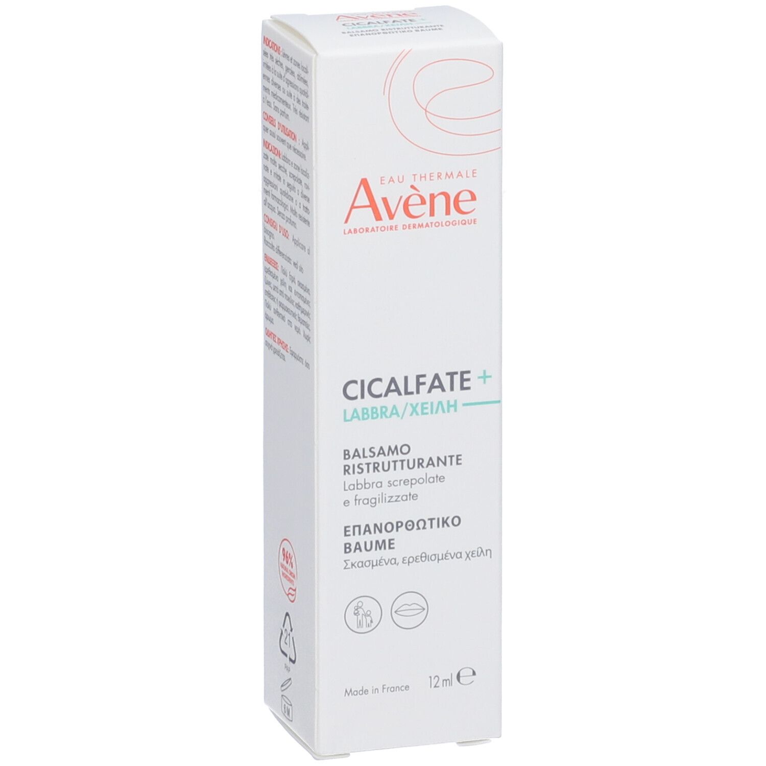 Confezione bianca. Nome del prodotto e marchio in più lingue. 12ml. Avene Cicalfate+ Balsamo labbra.