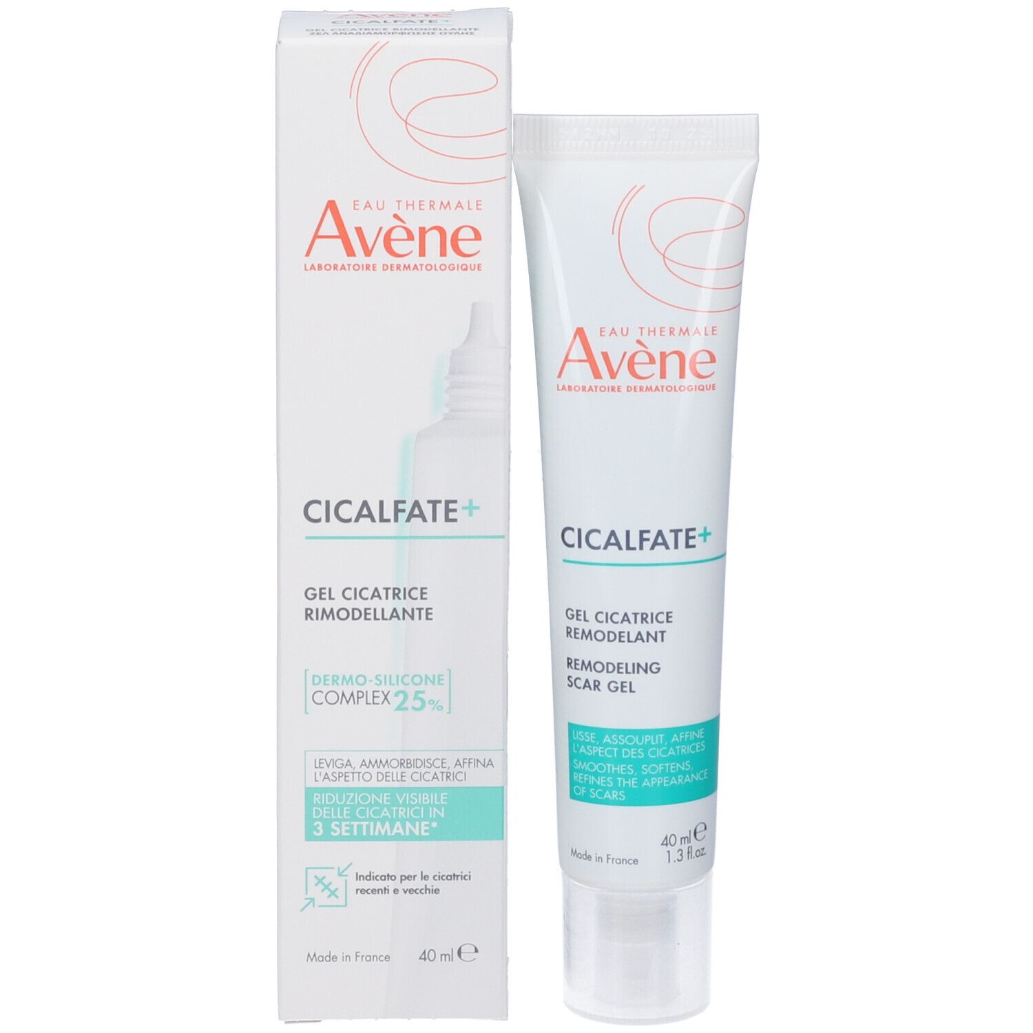 Prodotto e confezione. Tubo e scatola bianchi. Scritta Eau Thermale Avène Cicalfate+. 40ml. Striscia verde con testo.