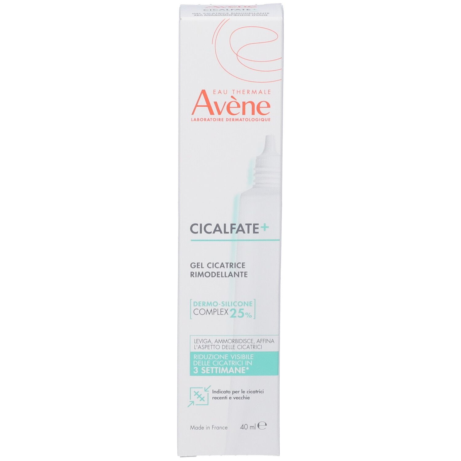Scatola bianca con scritta Eau Thermale Avène Cicalfate+. 40ml. Striscia verde con testo. Immagine di un tubo.