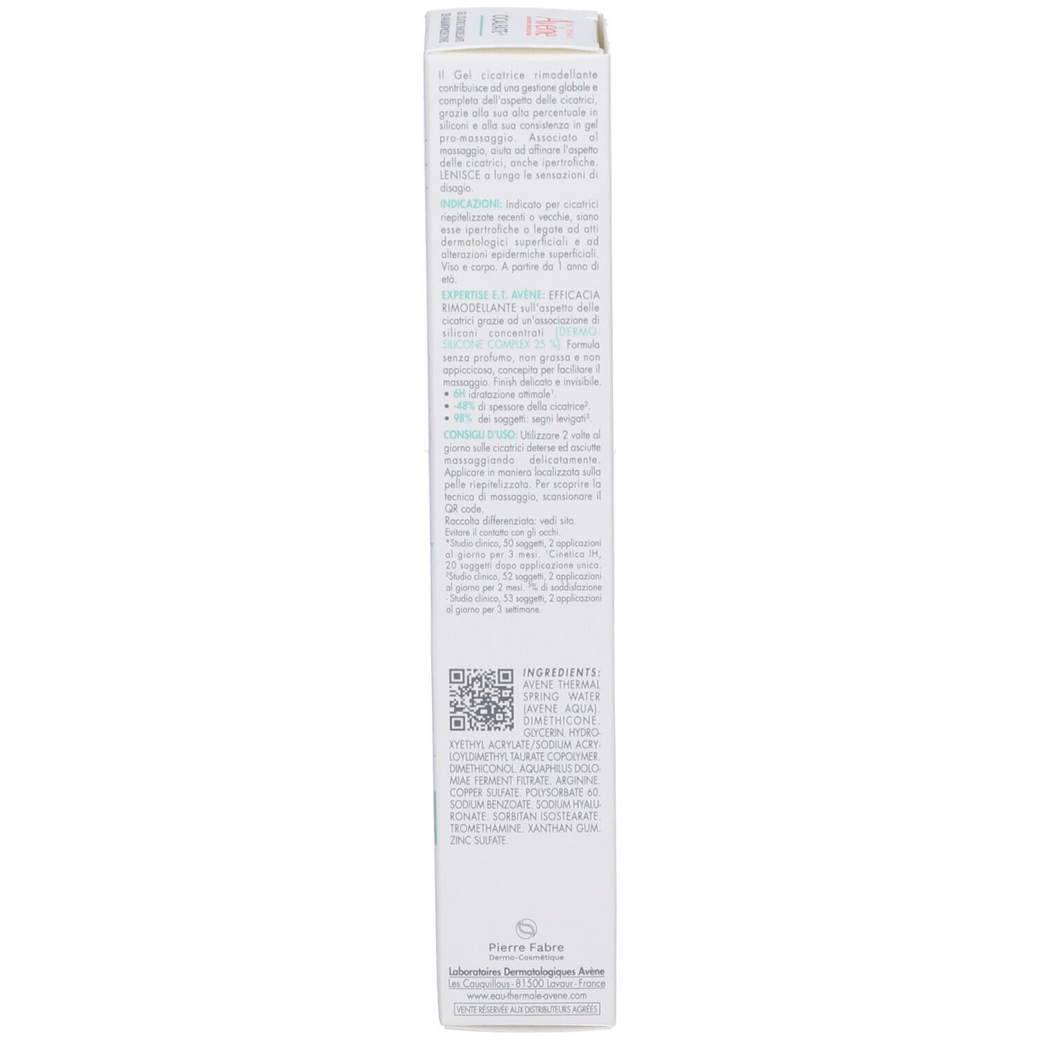Retro della scatola. Testo multilingue. Informazioni sul produttore. Codice QR.