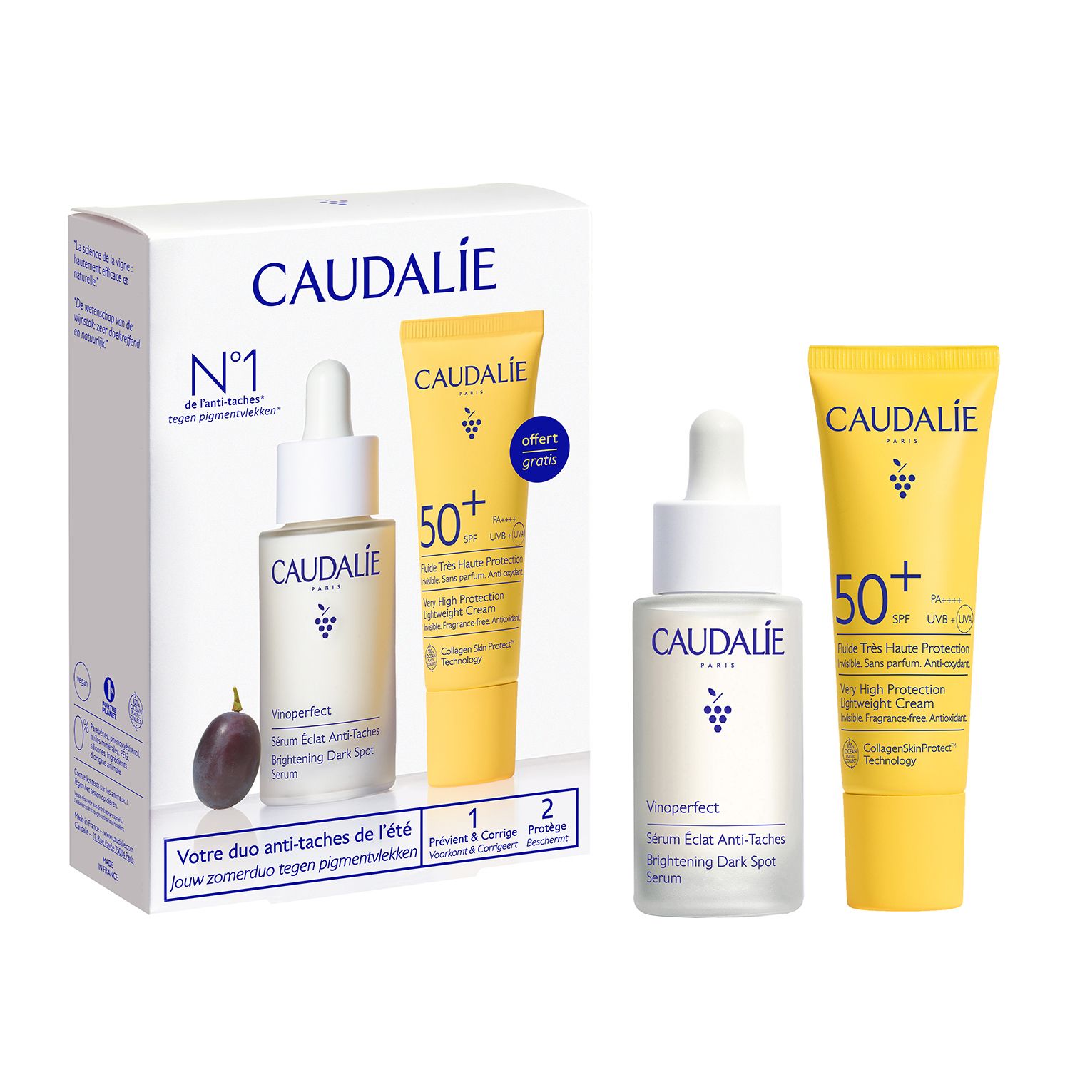 Set Caudalie con siero e crema solare. Confezione con prodotti. Testo: Vinoperfect, SPF 50+. Uva e scatola.