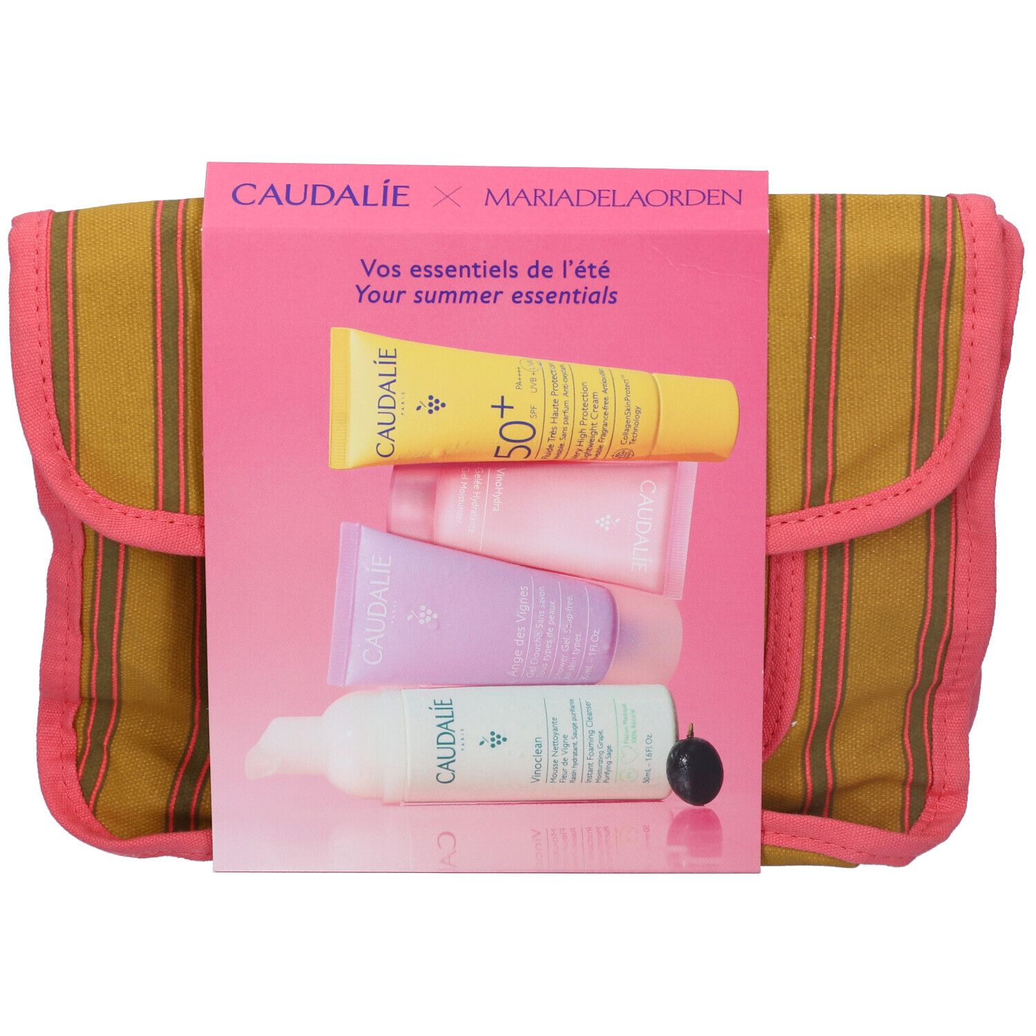 Caudalie Kit Estate Schiuma Detergente Vinoclean + Gel Idratante Vinohydra + Fluido ad Altissima Protezione + Gel Doccia Ange des Vignes + Pochette Omaggio