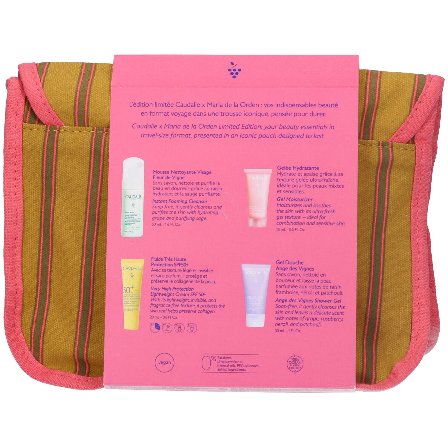 Retro del kit Caudalie Essenziali Estate. Confezione rosa con testo e immagini dei prodotti. Quattro prodotti raffigurati.