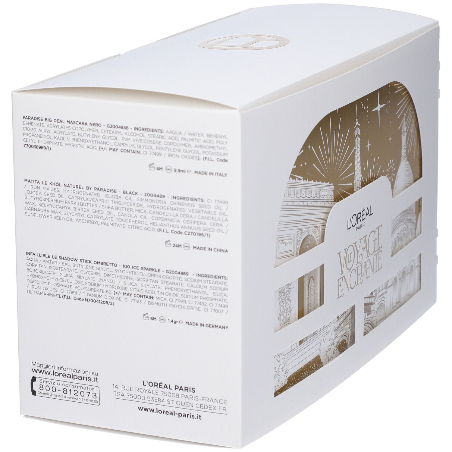 Scatola bianca con informazioni sul prodotto. Logo L'Oréal Paris. Testo multilingue. Ingredienti e indirizzo.