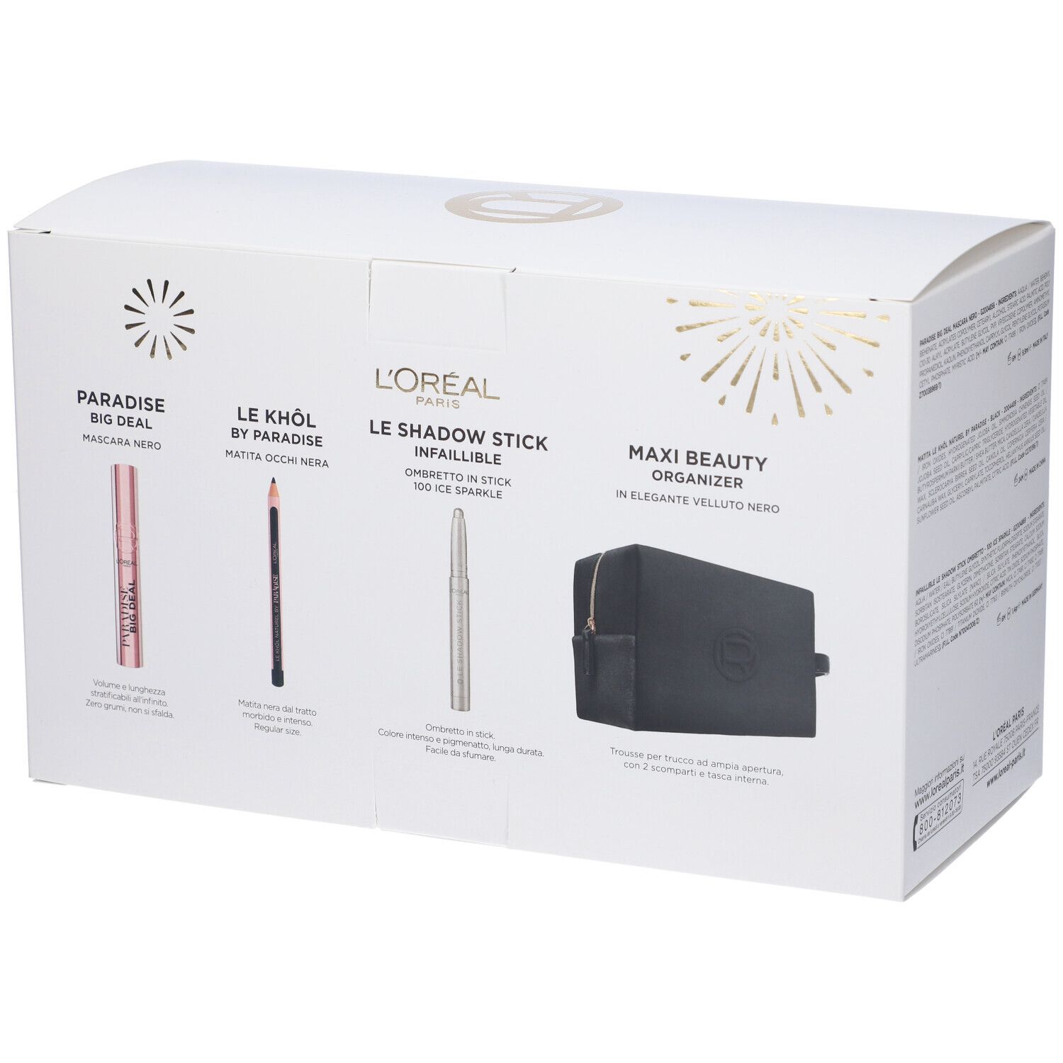 Retro della confezione regalo con prodotti: mascara, matita occhi, ombretto, trousse. Logo L'Oréal Paris.