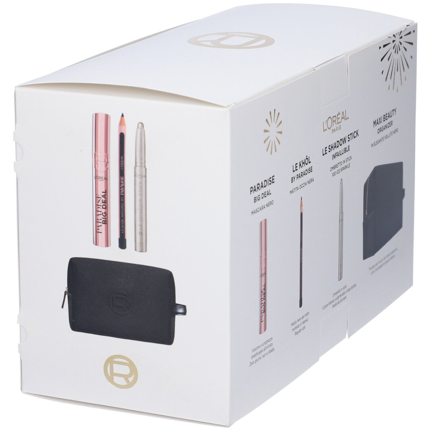 Confezione regalo con mascara, matita occhi, ombretto e trousse. Prodotti e logo visibili.