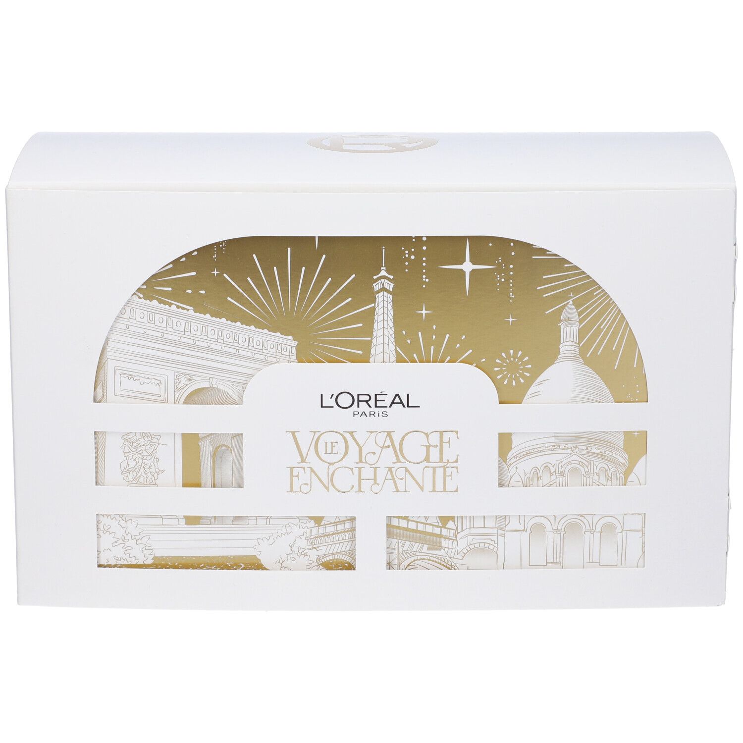 Scatola regalo bianca con panorama di Parigi. Logo L'Oréal Paris. Finestra con sfondo dorato.