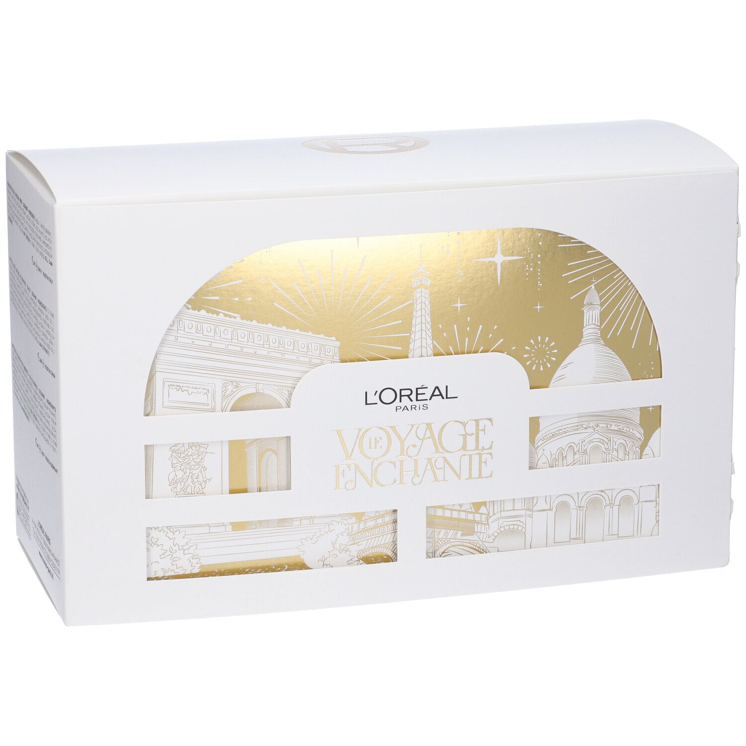 Scatola regalo bianca con panorama di Parigi. Logo L'Oréal Paris. Finestra con sfondo dorato.