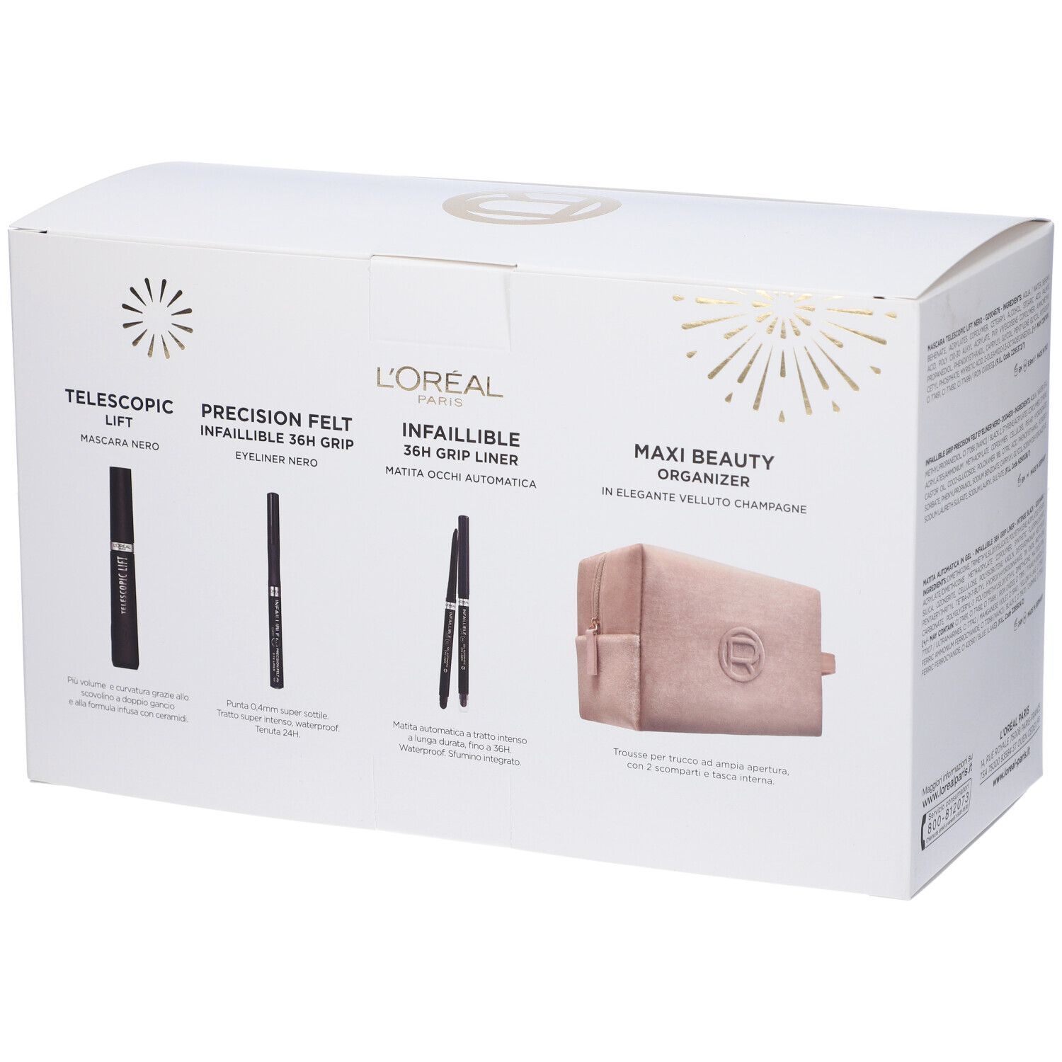 Scatola bianca con immagini dei prodotti. Mascara, eyeliner, matita occhi e trousse. Logo L'Oréal Paris.