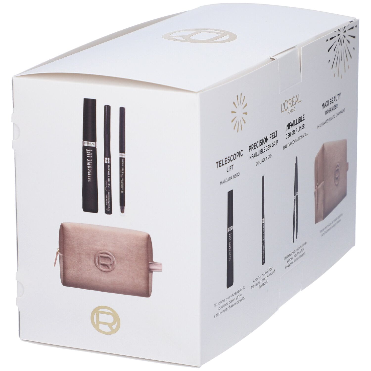 Scatola bianca con prodotti e trousse. Mascara, eyeliner, matita occhi e trousse. Logo L'Oréal Paris.