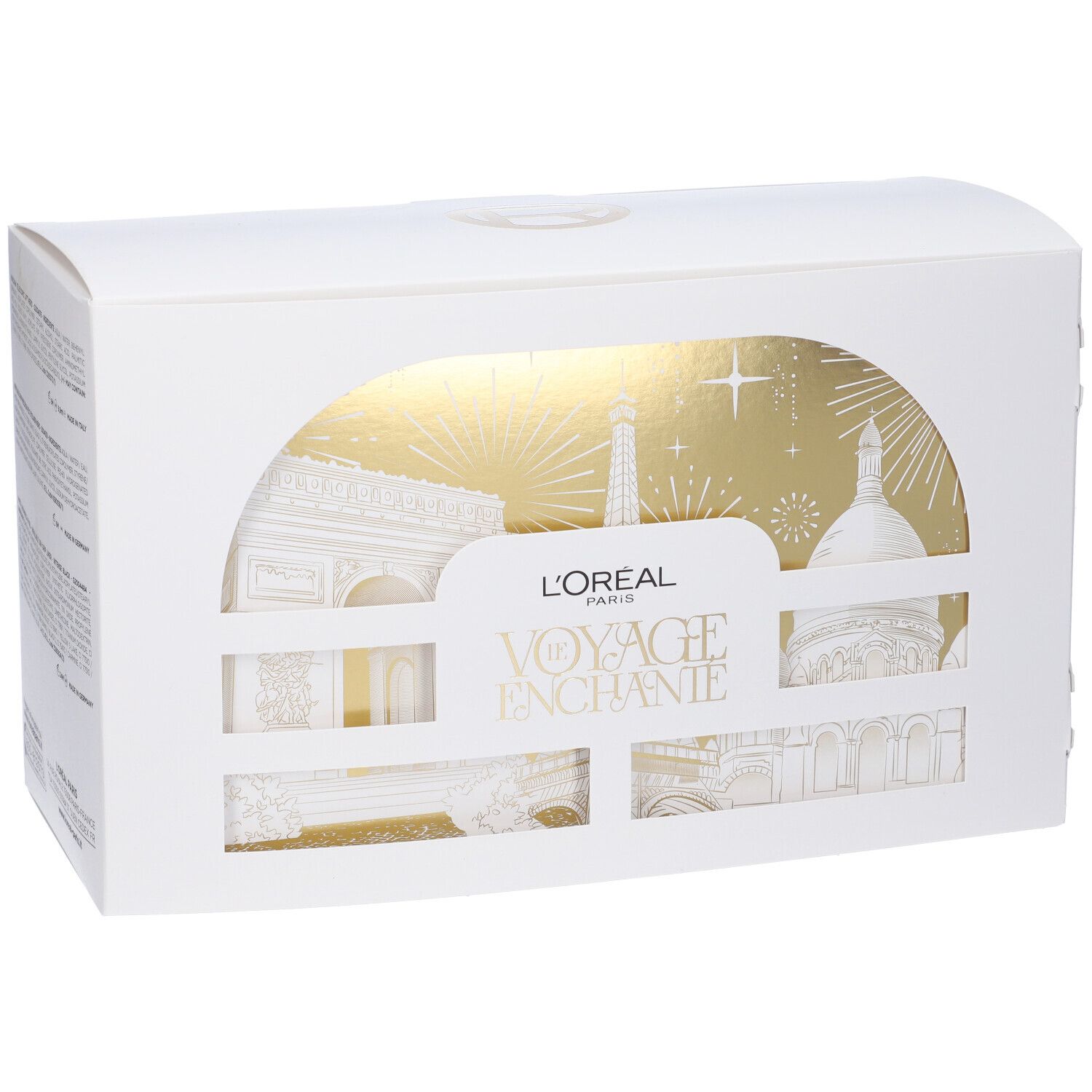 Scatola bianca con finestra panoramica. Sfondo dorato con monumenti parigini. Logo L'Oréal Paris e scritta.