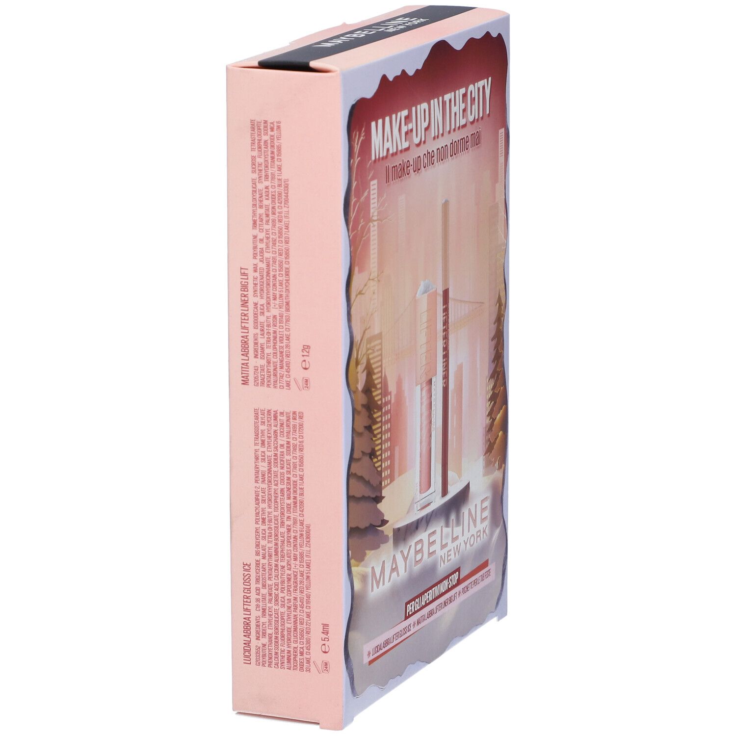 Vista laterale della confezione Maybelline New York Xmas 2025. Testo sul lato. Include Lifter Gloss Ice 002 e Matita Labbra Lifter Liner Big Lift 07.