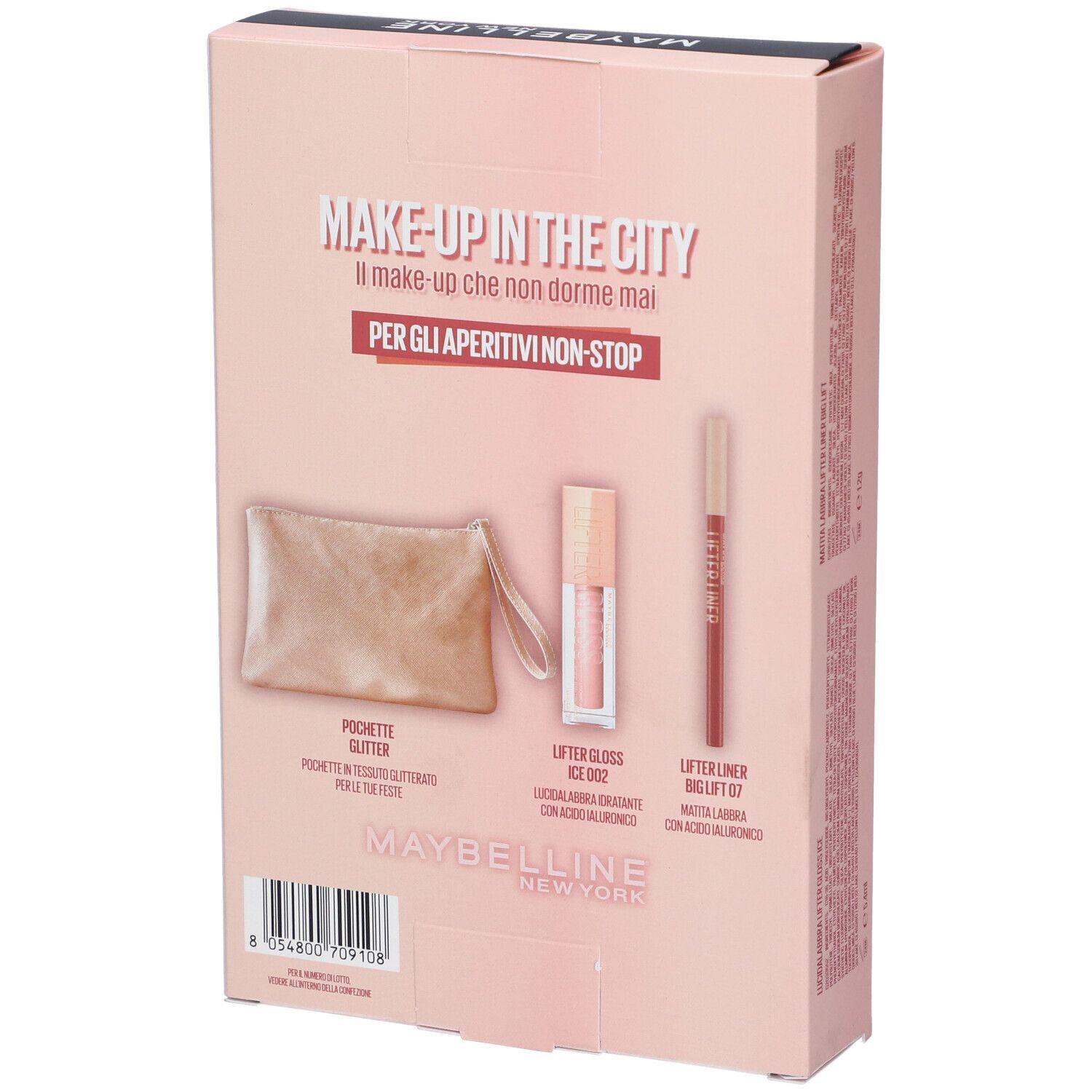 Retro della confezione Maybelline New York Xmas 2025. Include Lifter Gloss Ice 002, Matita Labbra Lifter Liner Big Lift 07 e una pochette.