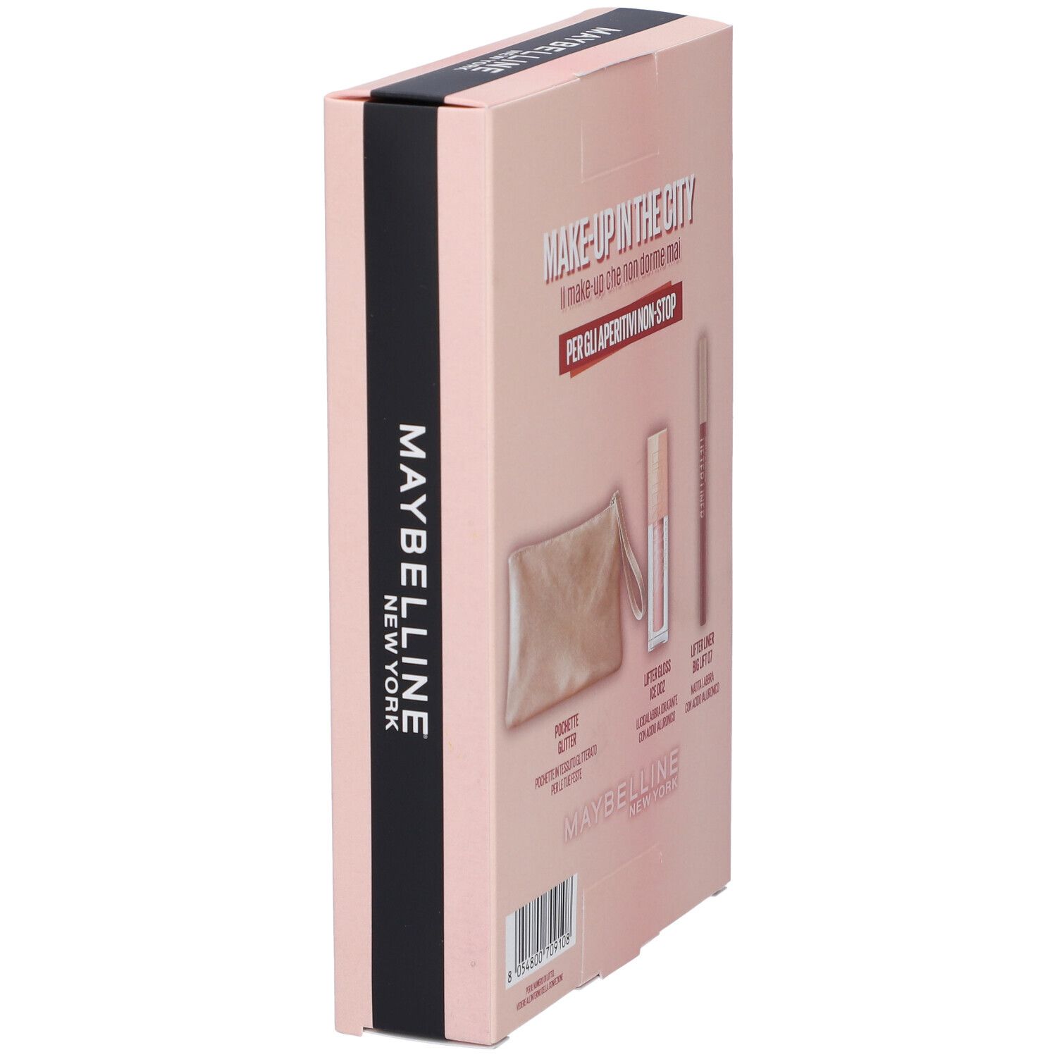 Vista laterale della confezione Maybelline New York Xmas 2025. Include Lifter Gloss Ice 002, Matita Labbra Lifter Liner Big Lift 07 e una pochette.