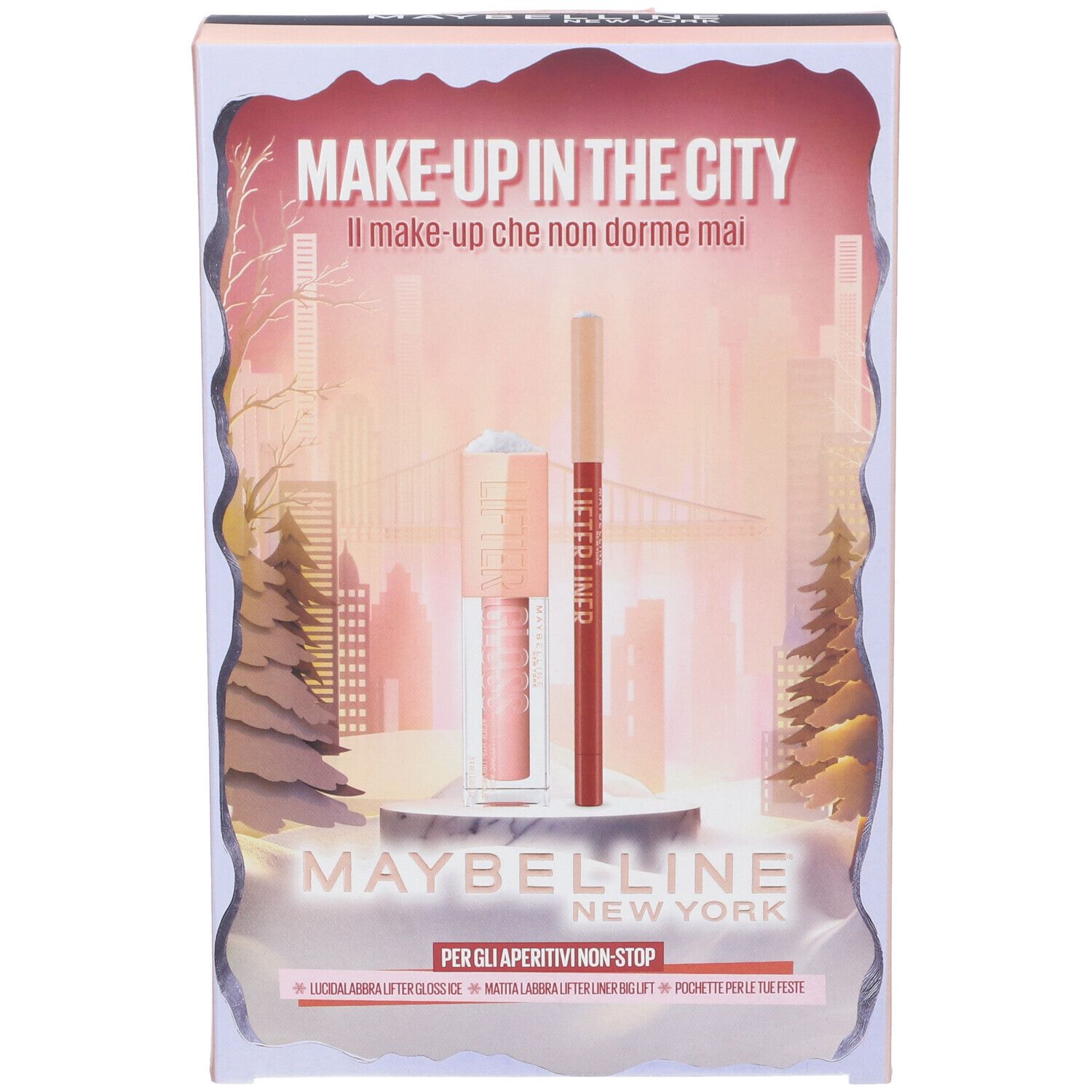 Confezione regalo Maybelline New York Xmas 2025. Include Lifter Gloss Ice 002 e Matita Labbra Lifter Liner Big Lift 07. Confezione a tema città.